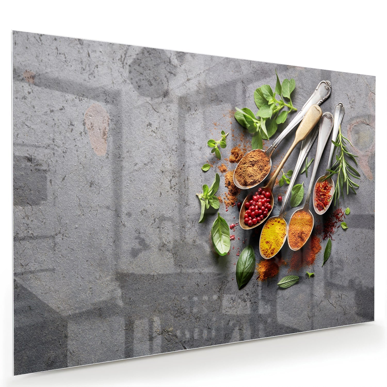 Glasbild mit Kräutern und Gewürzen – Glasbild aus Sicherheitsglas, Größe 60x40