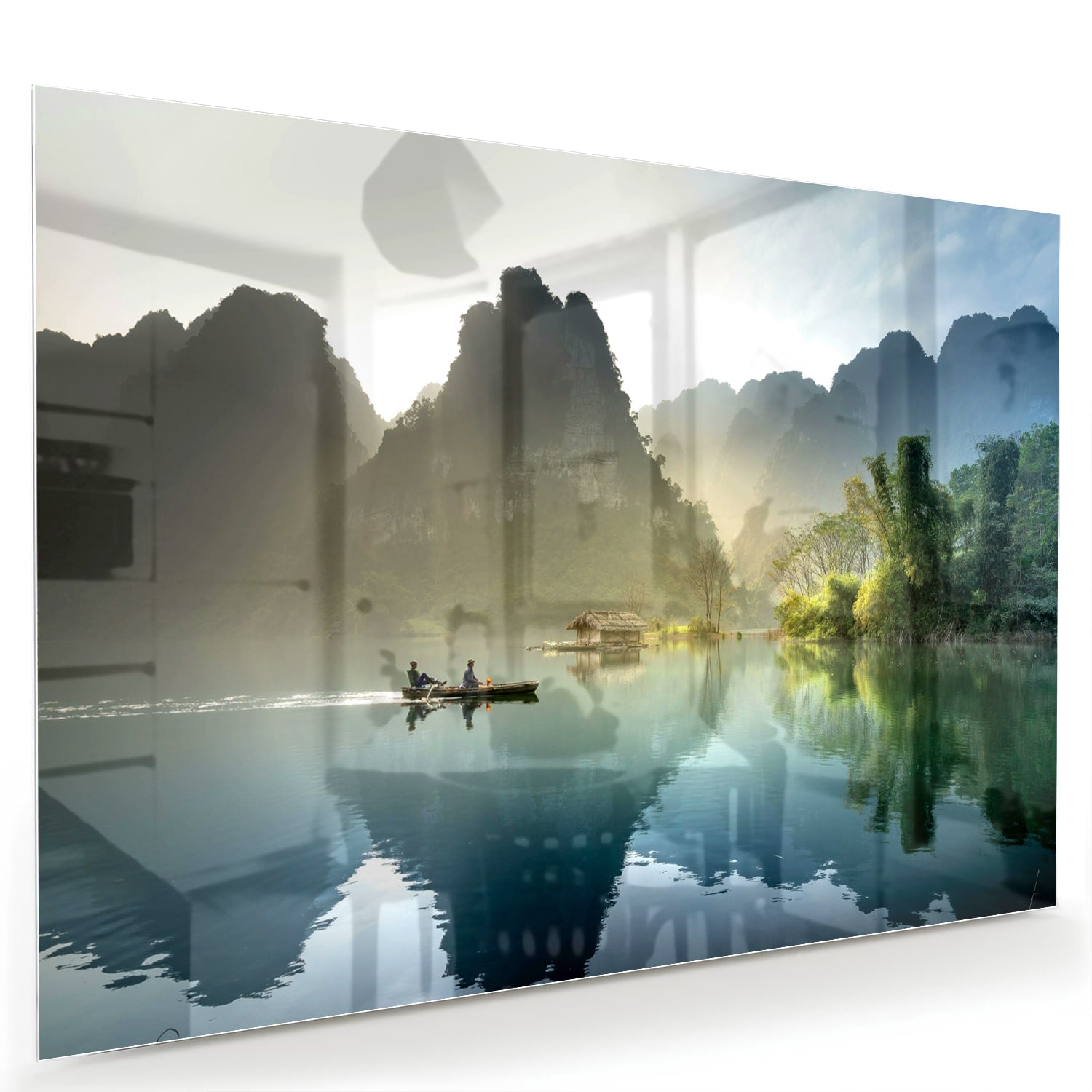 Rustikales Glasbild mit ruhigen Bergreflexionen – Glasbild aus Sicherheitsglas, Größe 60x40