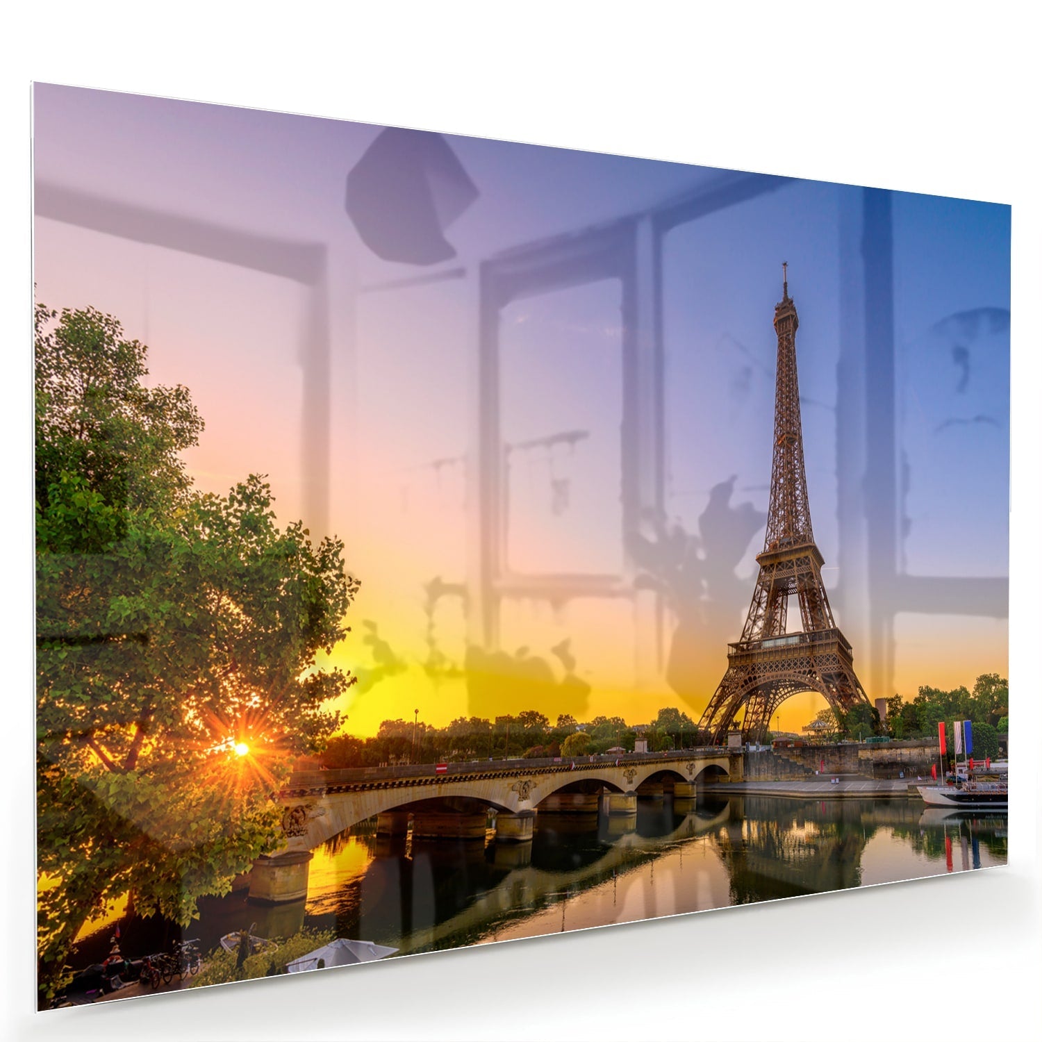 Glasbild mit dem Eiffelturm bei Sonnenuntergang – Glasbild aus Sicherheitsglas, Größe 60x40