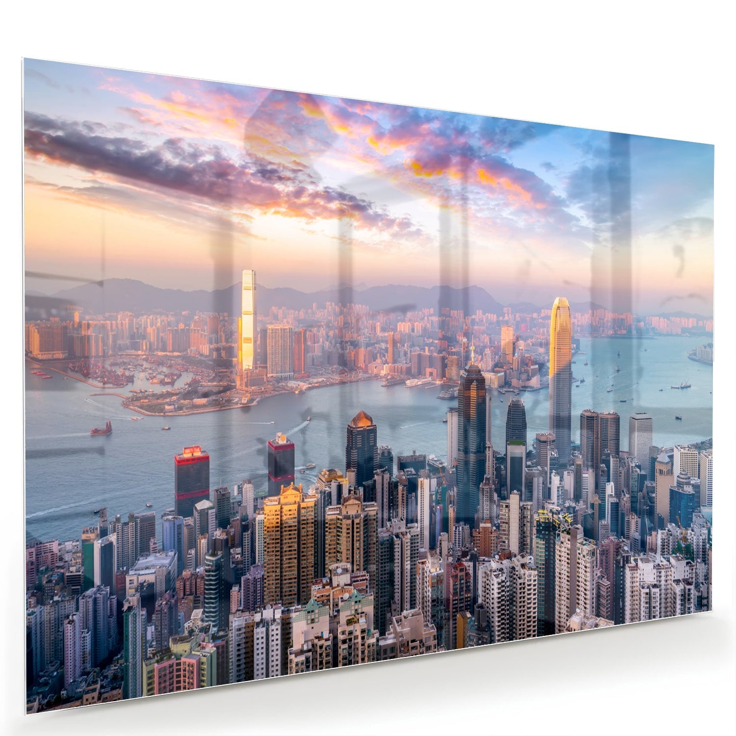 Glasbild mit Stadtansicht bei Sonnenuntergang – Glasbild aus Sicherheitsglas, Größe 60x40