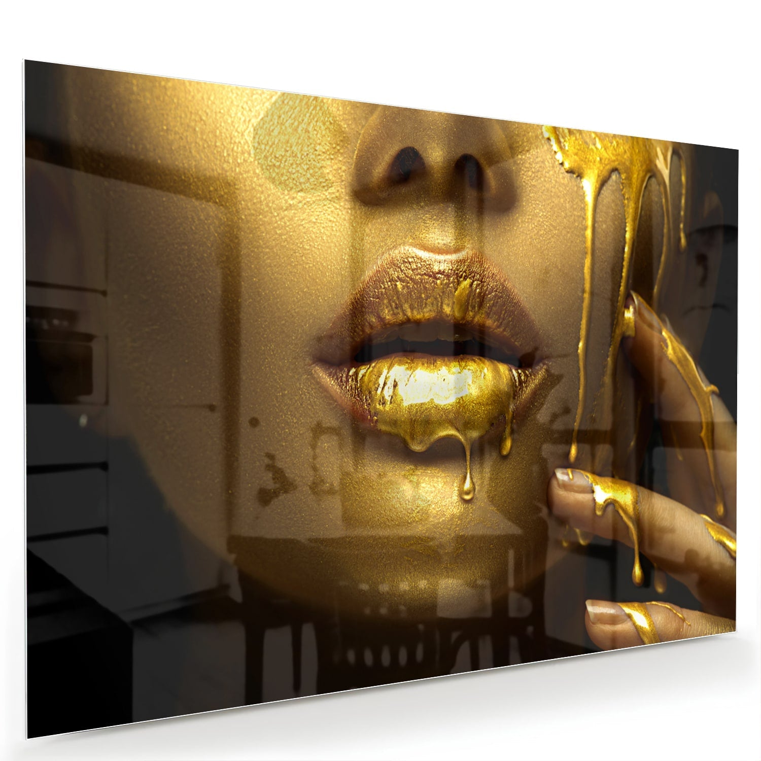 Goldenes Glasbild mit Lippen und Hand – Glasbild aus Sicherheitsglas, Größe 60x40