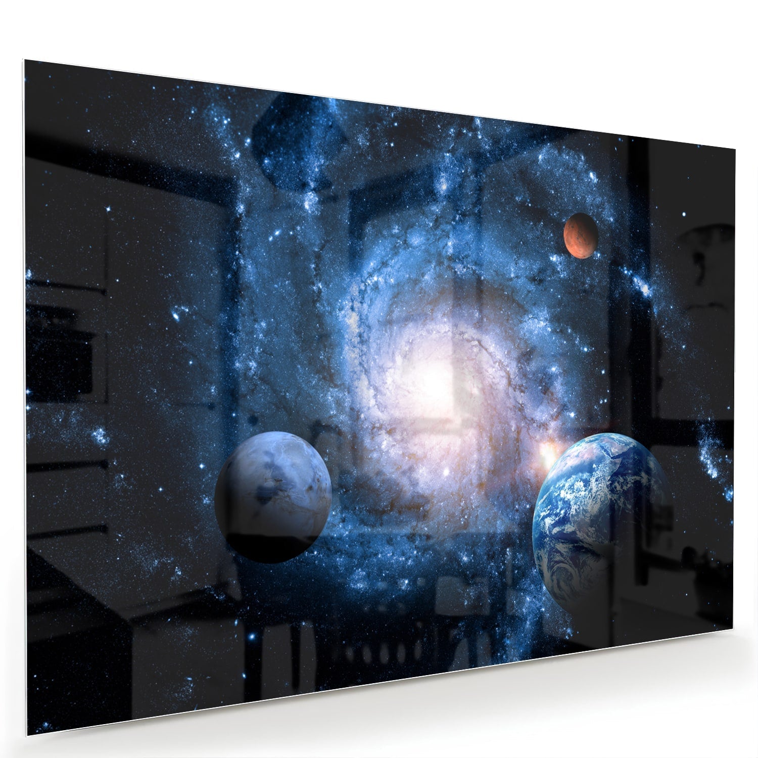 Glasbild mit Weltall und Planeten – Glasbild aus Sicherheitsglas, Größe 60x40