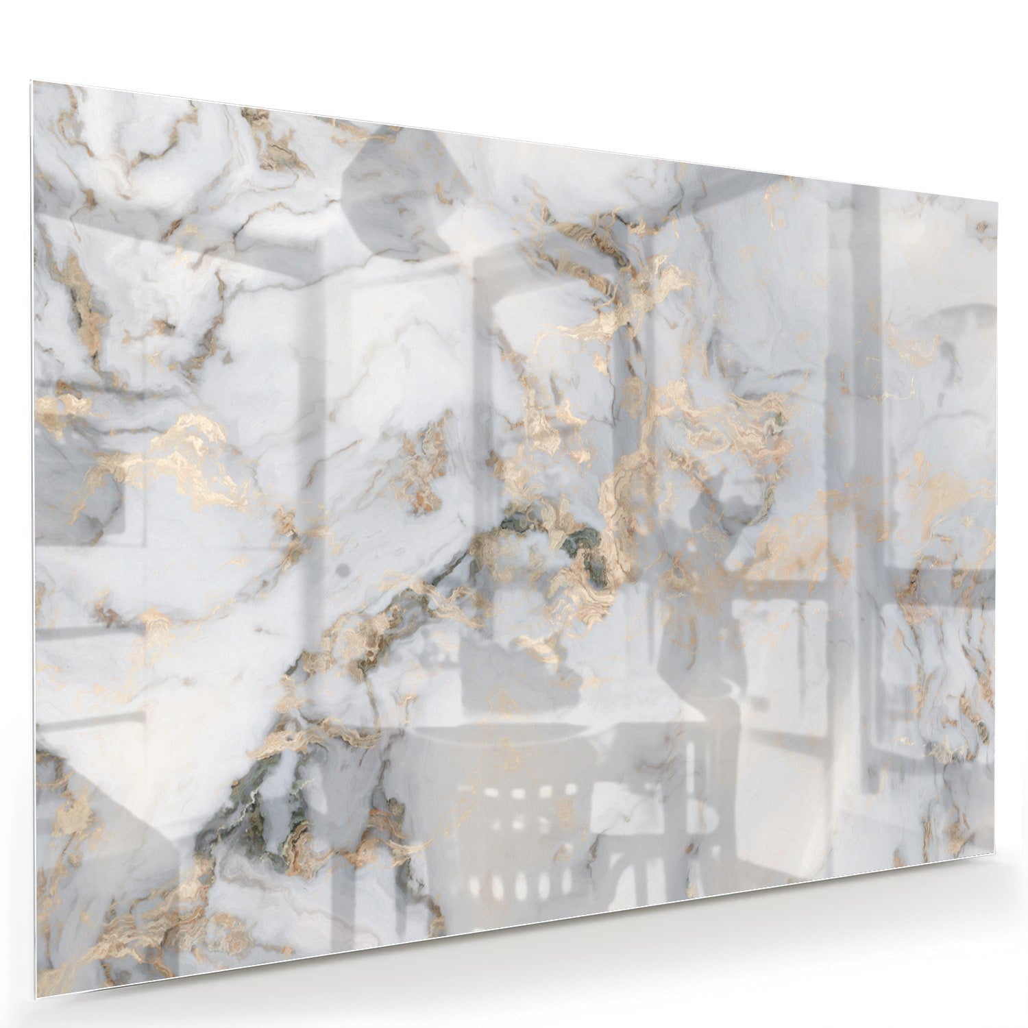 Elegantes Glasbild mit Marmoroptik und goldenen Details – Glasbild aus Sicherheitsglas, Größe 60x40