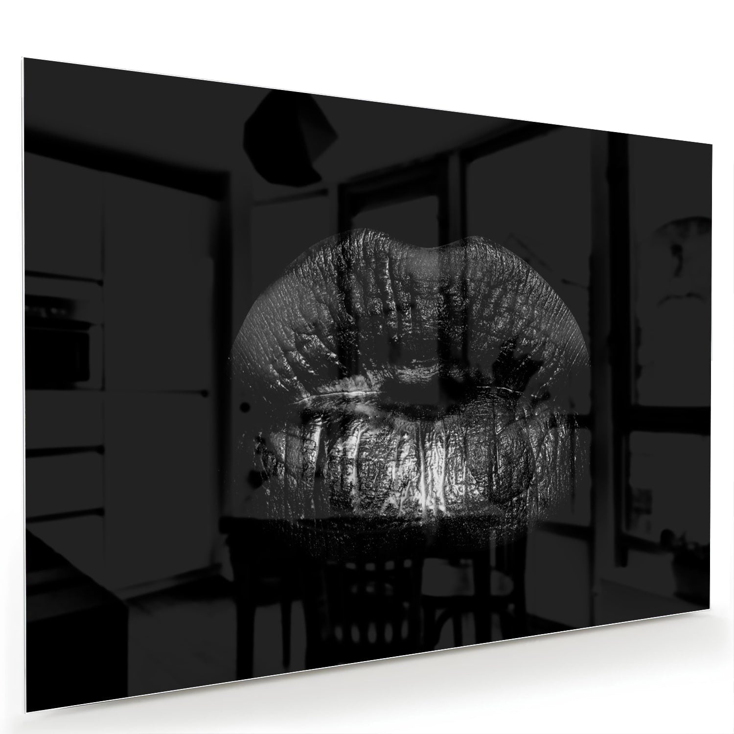 Schwarzes Glasbild mit Lippenprint – Glasbild aus Sicherheitsglas, Größe 60x40