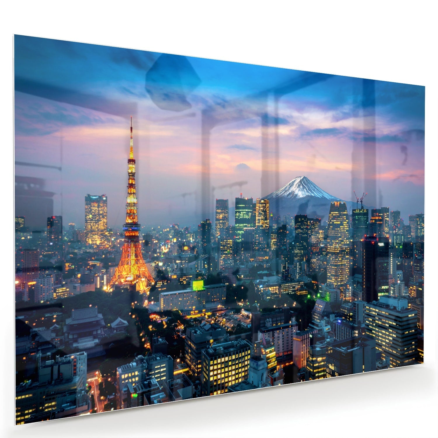 Glasbild mit Stadtpanorama, Fuji und Tokyo Tower – Glasbild aus Sicherheitsglas, Größe 60x40