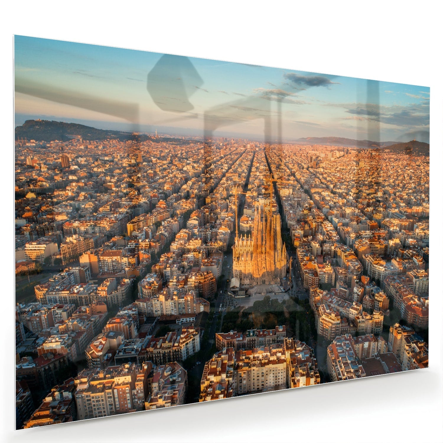 Glasbild mit atemberaubendem Stadtblick bei Sonnenuntergang – Glasbild aus Sicherheitsglas, Größe 60x40