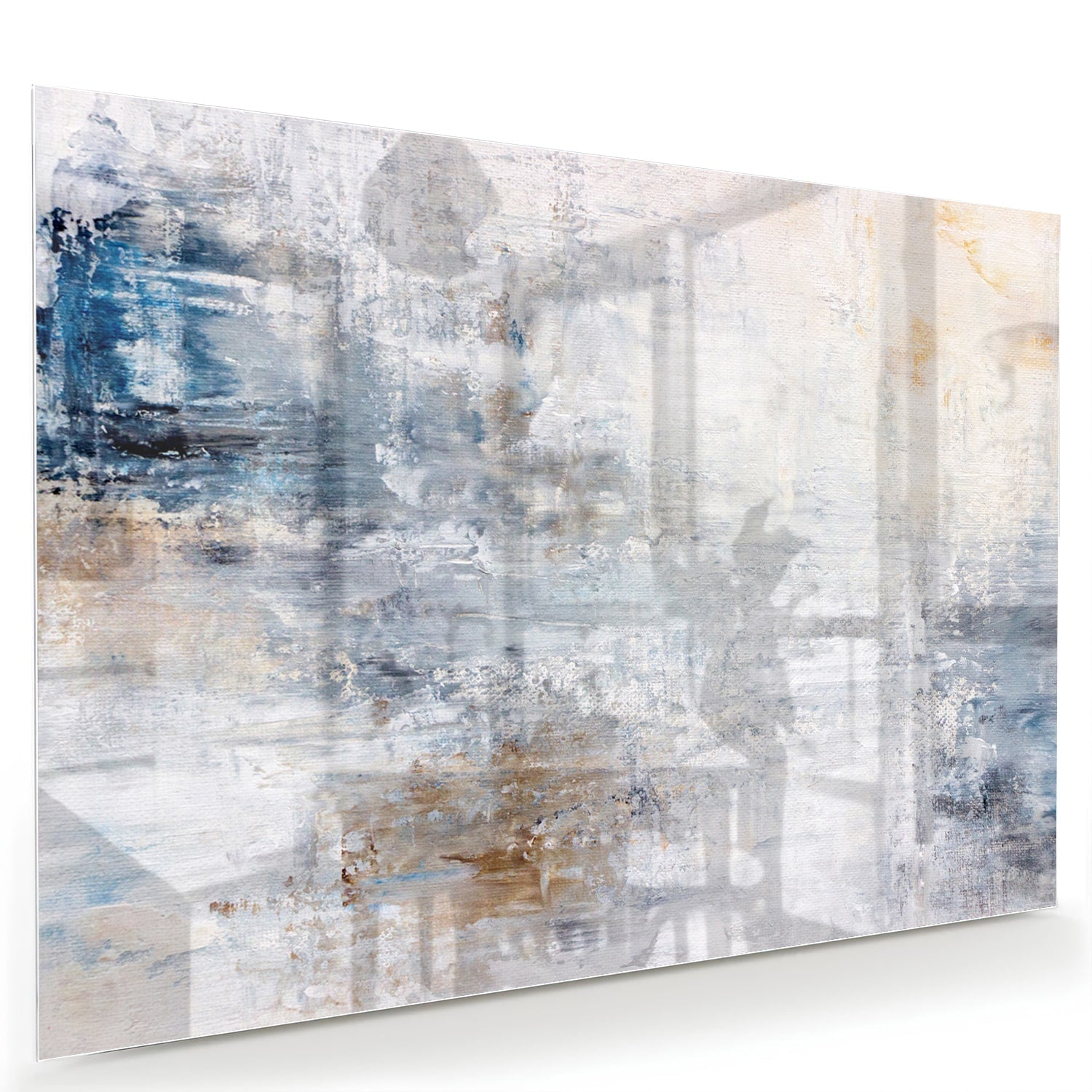 Abstraktes Glasbild mit blauen und neutralen Farbtönen – Glasbild aus Sicherheitsglas, Größe 60x40
