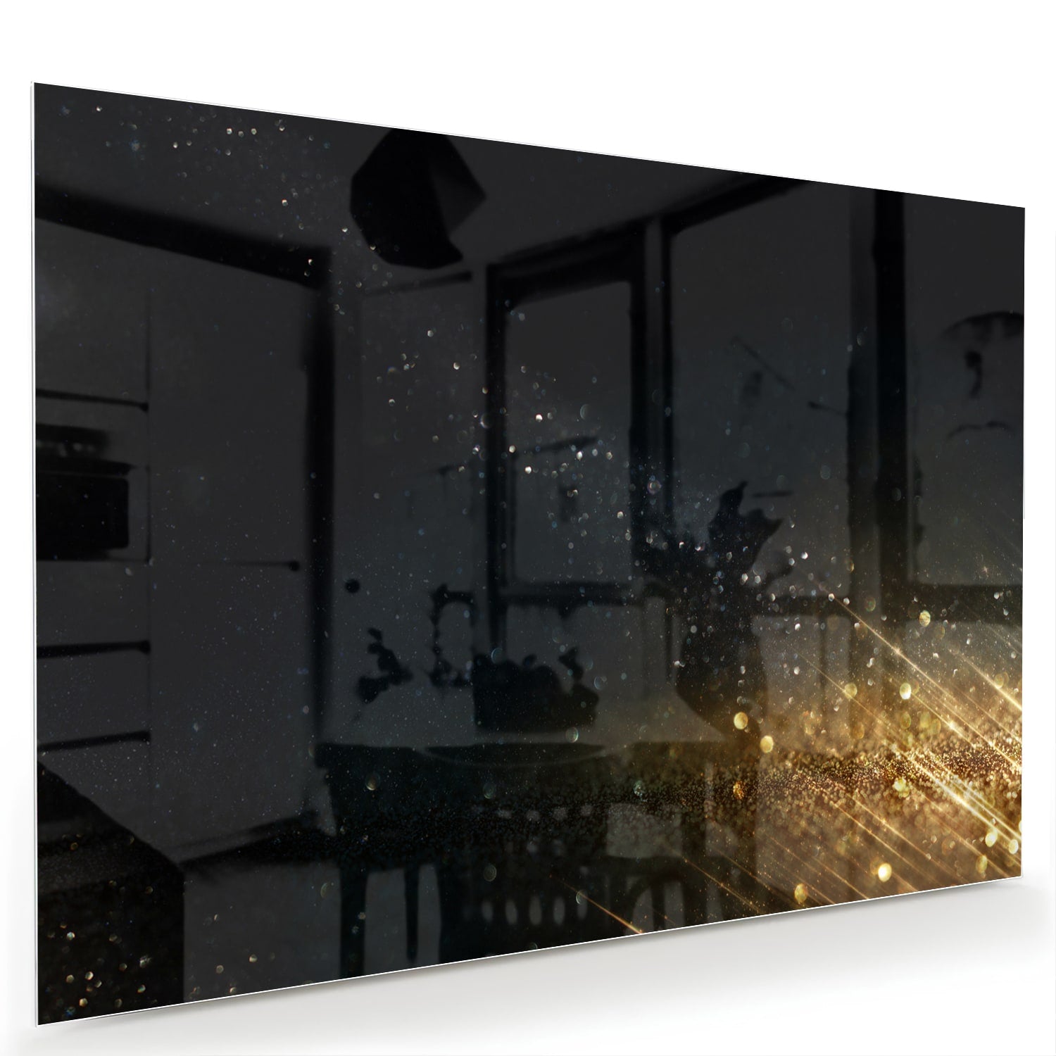 Schwarzes Glasbild mit Sternen und Lichtreflexionen – Glasbild aus Sicherheitsglas, Größe 60x40