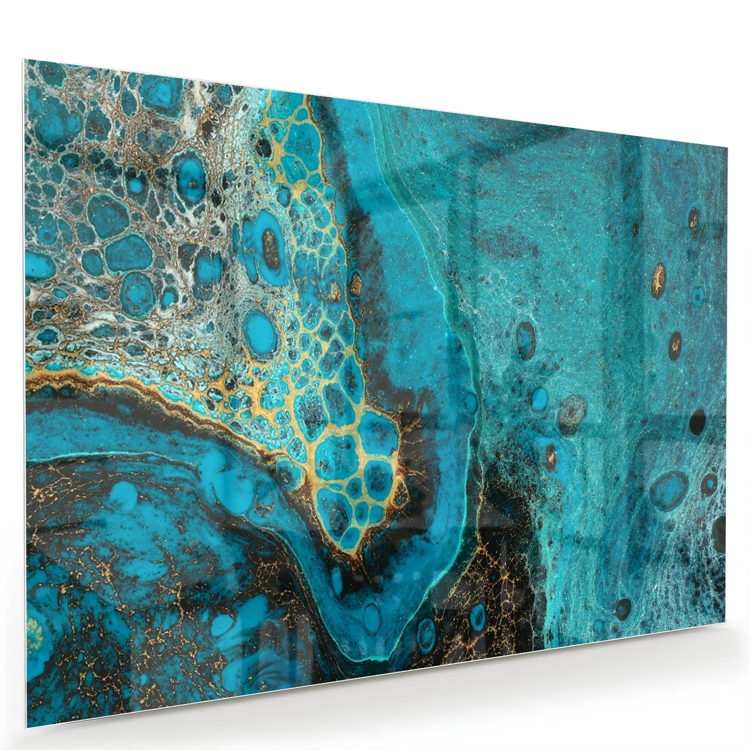 Abstraktes Glasbild in Türkis und Gold – Glasbild aus Sicherheitsglas, Größe 60x40