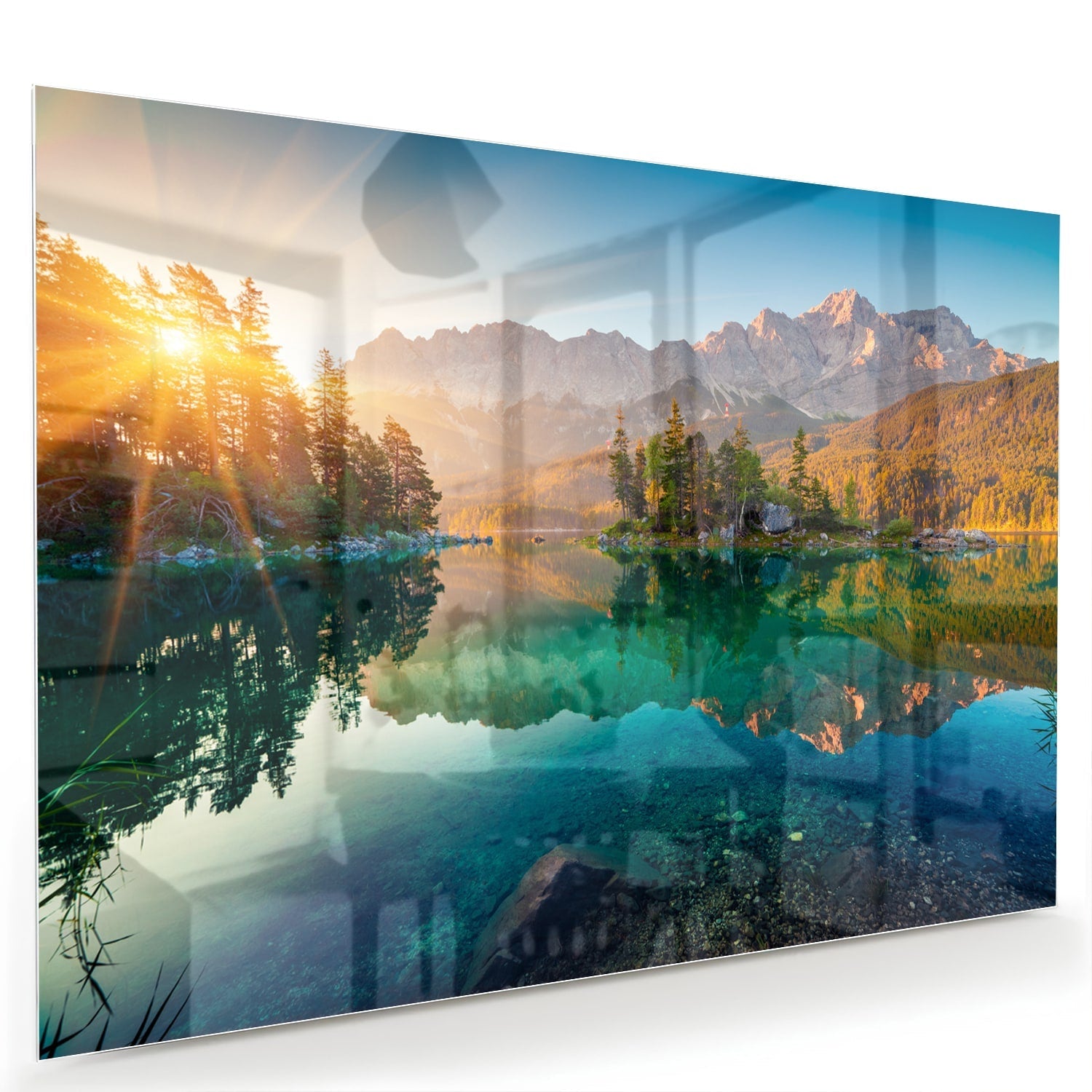 Wunderschönes Glasbild mit Berglandschaft und See – Glasbild aus Sicherheitsglas, Größe 60x40