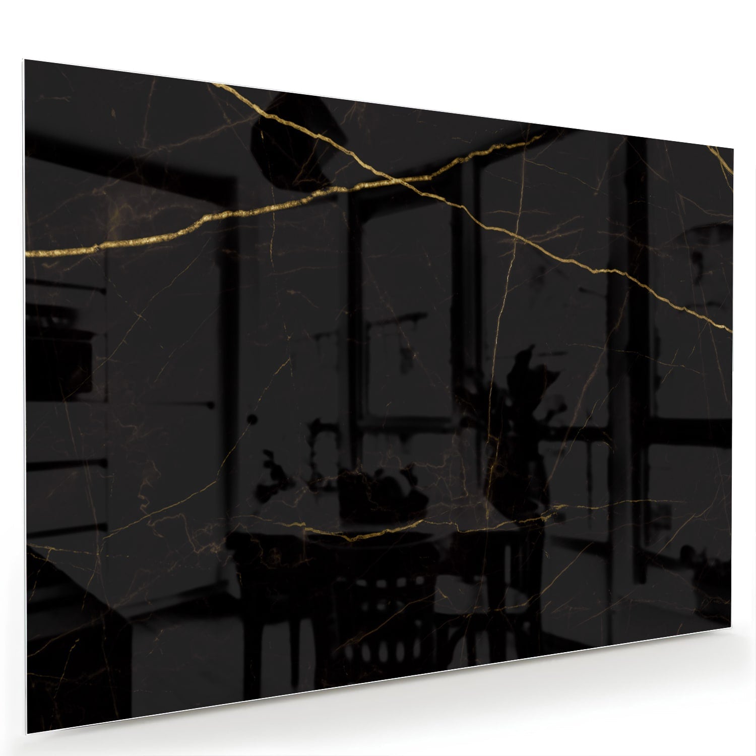 Elegantes schwarzes Glasbild mit goldenen Linien – Glasbild aus Sicherheitsglas, Größe 60x40