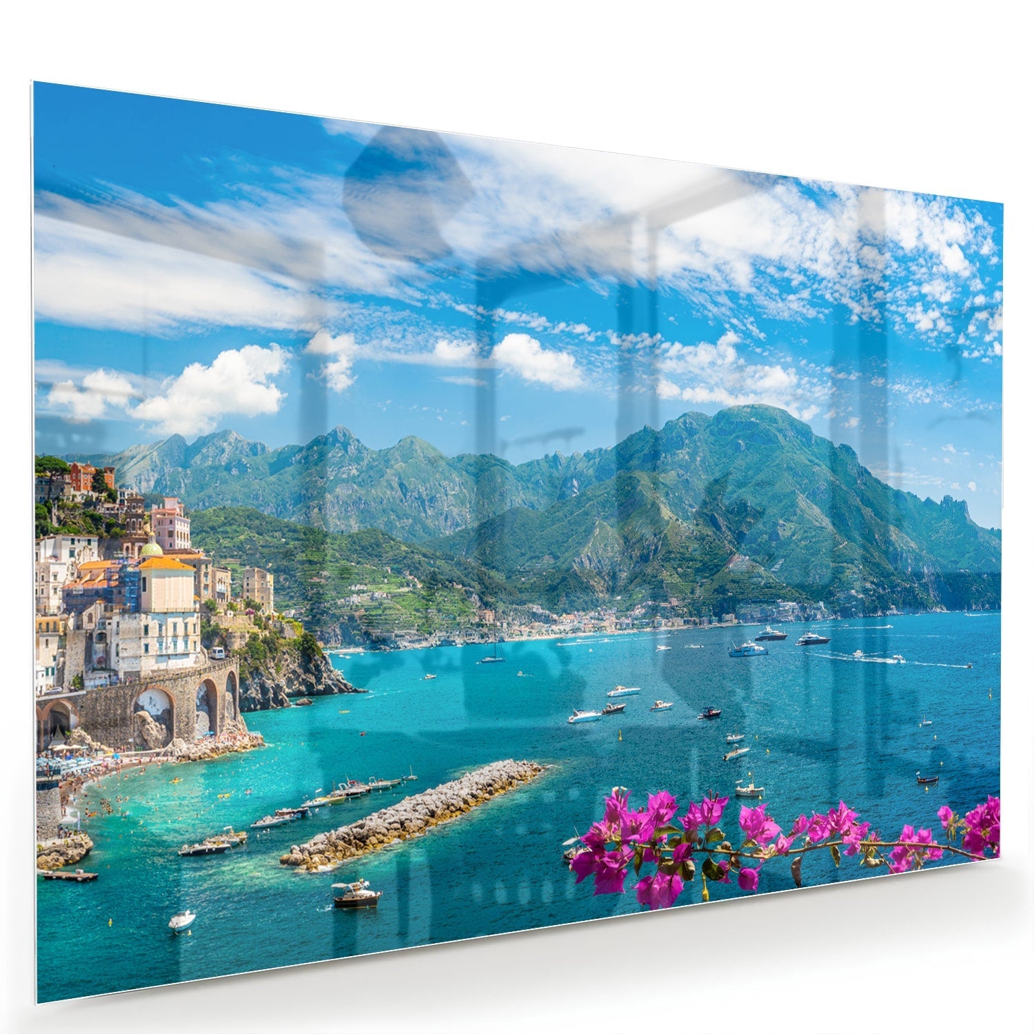 Glasbild mit blauem See und Bergen – Glasbild aus Sicherheitsglas, Größe 60x40