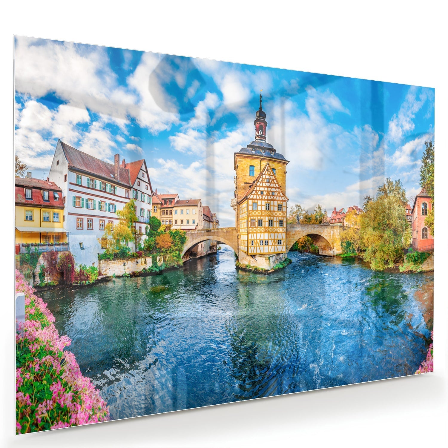 Glasbild mit malerischem Städtchen am Wasser – Glasbild aus Sicherheitsglas, Größe 60x40