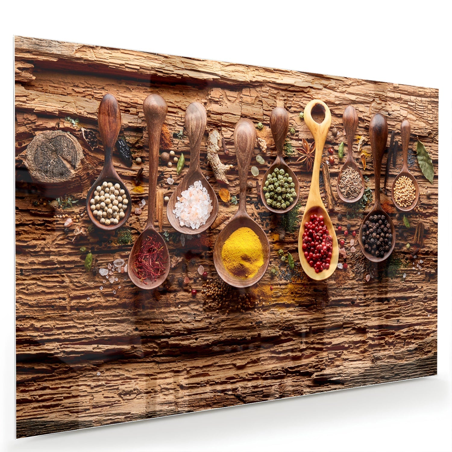 Buntes Glasbild mit Gewürzen und Löffelmotiven – Glasbild aus Sicherheitsglas, Größe 60x40