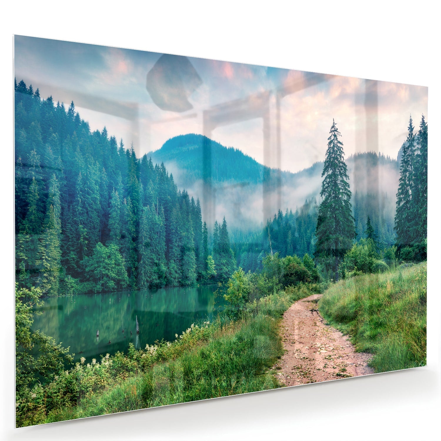 Stimmungsvolles Glasbild mit einer Berglandschaft – Glasbild aus Sicherheitsglas, Größe 60x40