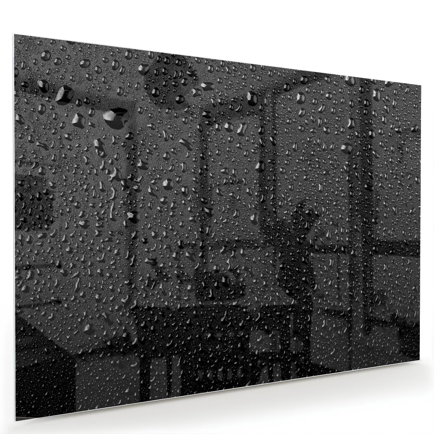 Glasbild mit Tropfen auf schwarzer Oberfläche – Glasbild aus Sicherheitsglas, Größe 60x40