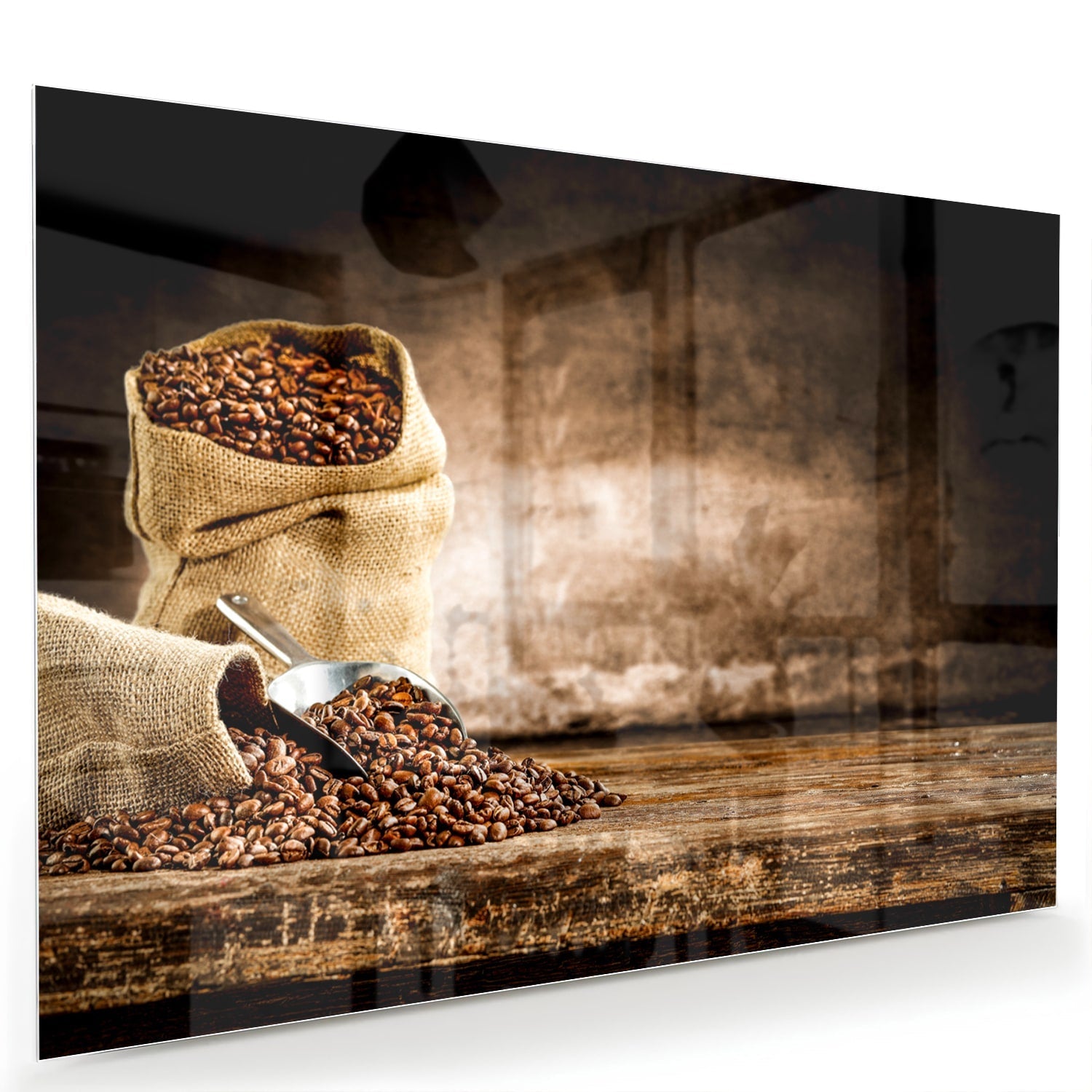 Glasbild mit Kaffee und Natur – Glasbild aus Sicherheitsglas, Größe 60x40