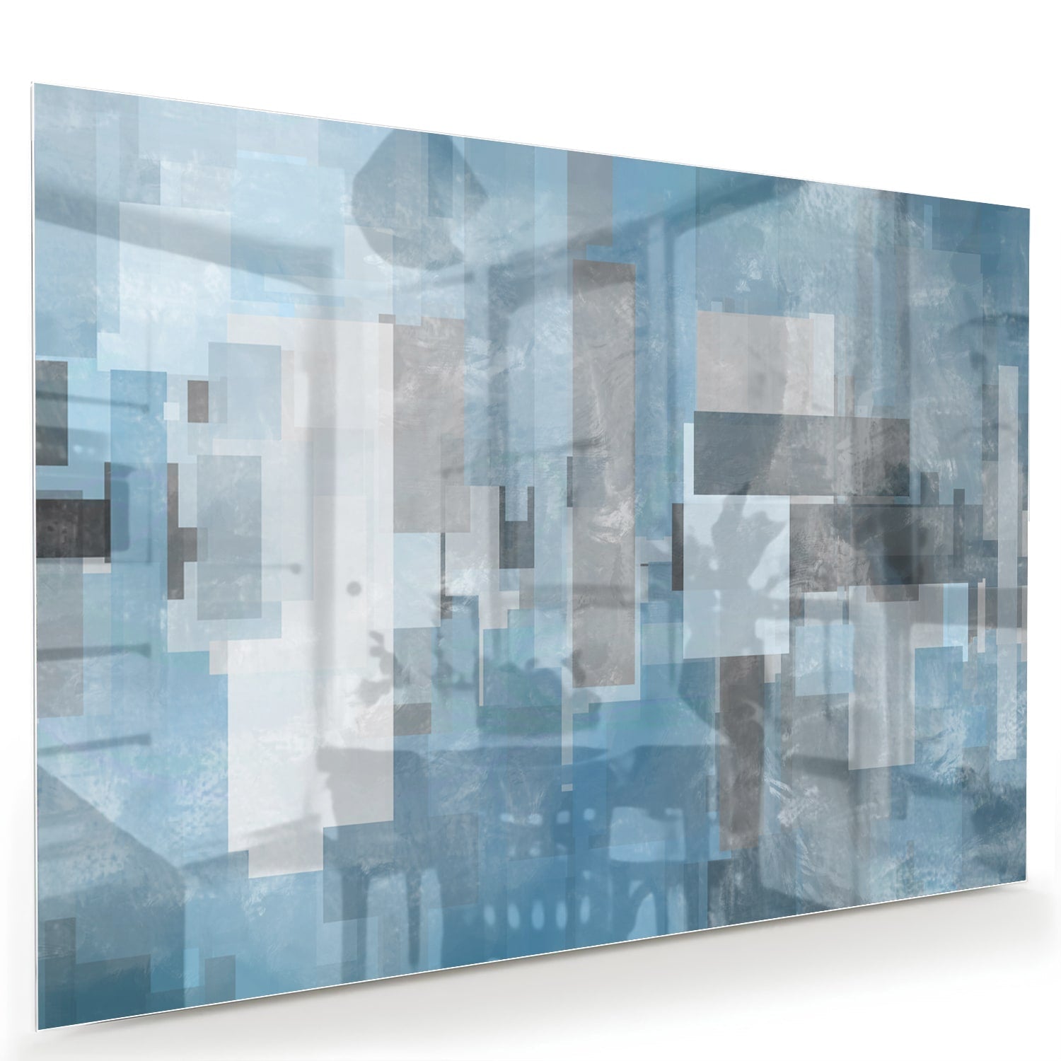 Abstraktes Glasbild in Blau und Grau – Glasbild aus Sicherheitsglas, Größe 60x40