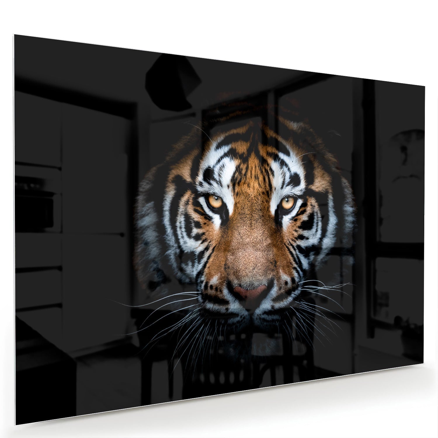Beeindruckendes Glasbild mit einem Tigergesicht – Glasbild aus Sicherheitsglas, Größe 60x40