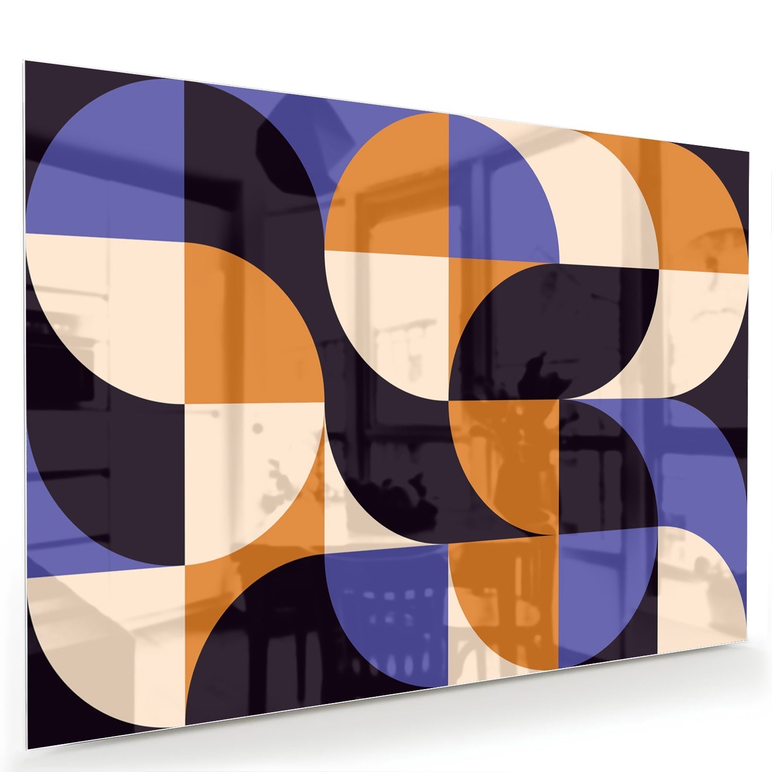 Abstraktes Glasbild in blauen und Orangetönen – Glasbild aus Sicherheitsglas, Größe 60x40