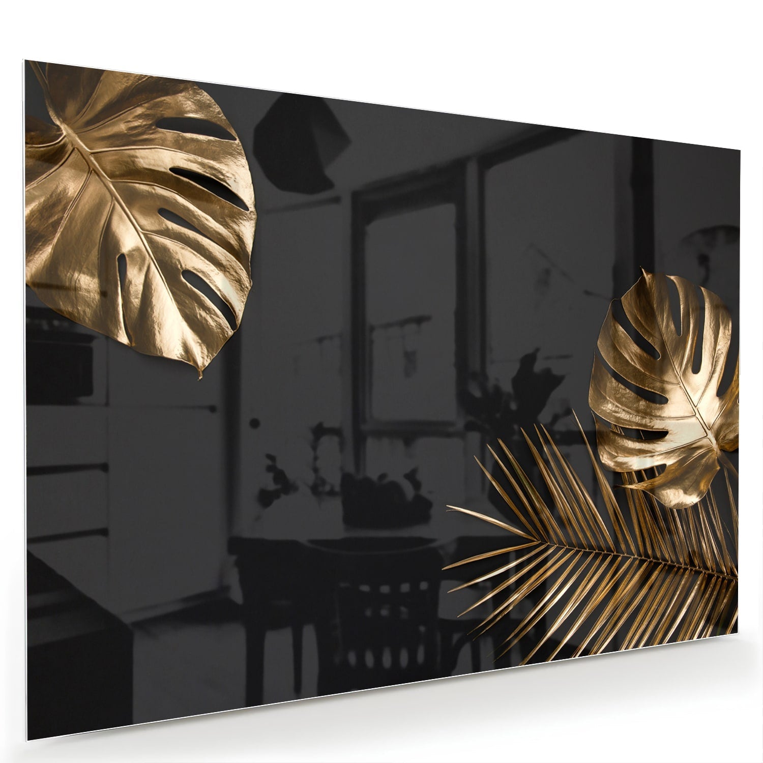 Glänzendes Glasbild mit goldenen Blättern – Glasbild aus Sicherheitsglas, Größe 60x40