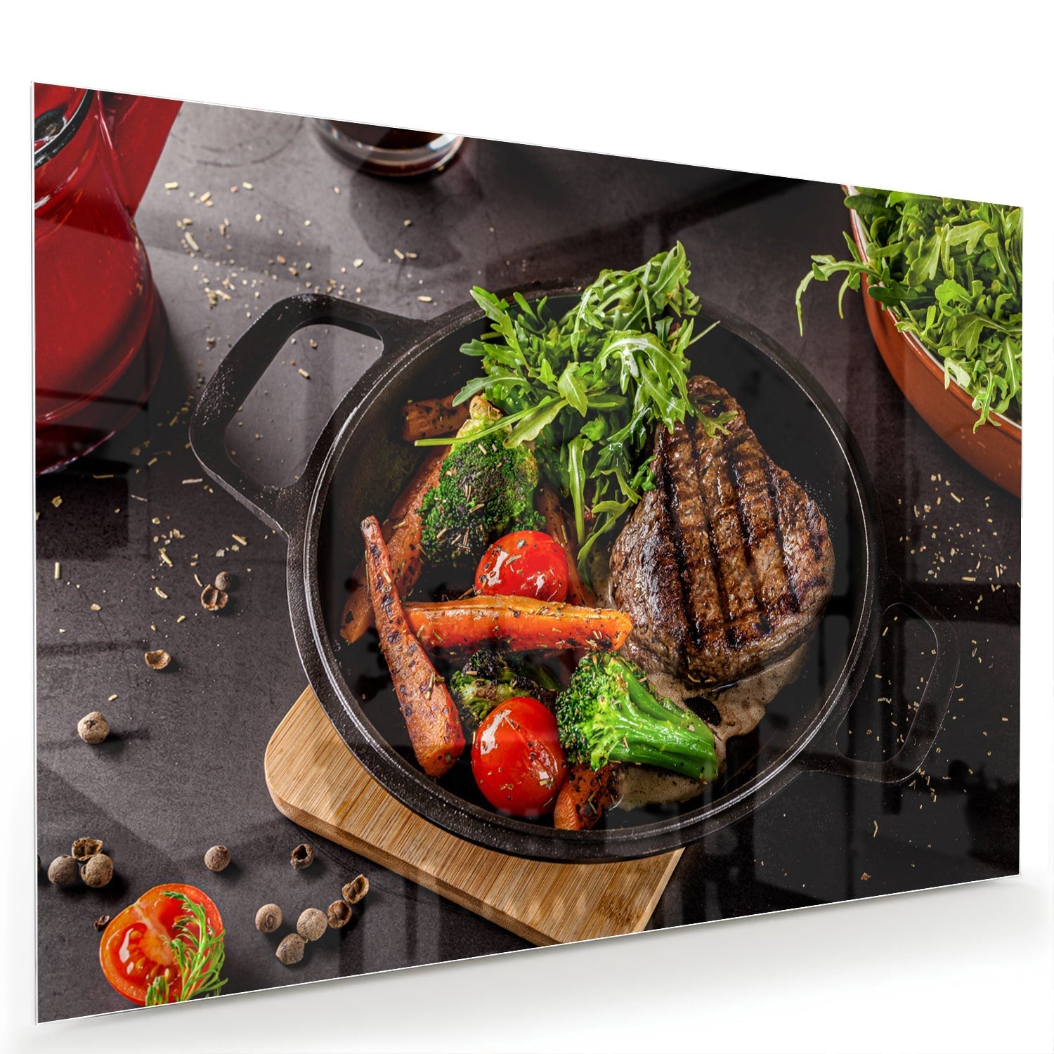 Glasbild mit köstlichen gegrillten Speisen – Glasbild aus Sicherheitsglas, Größe 60x40