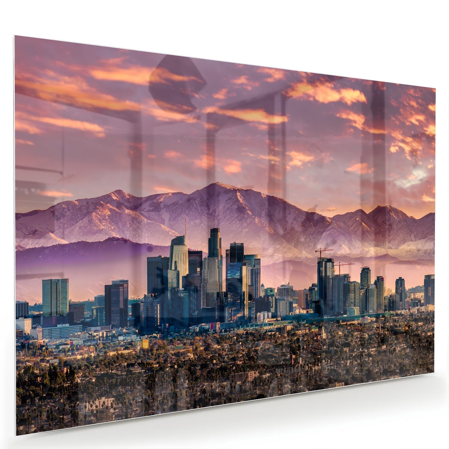 Glasbild Stadtpanorama bei Sonnenuntergang – Glasbild aus Sicherheitsglas, Größe 60x40
