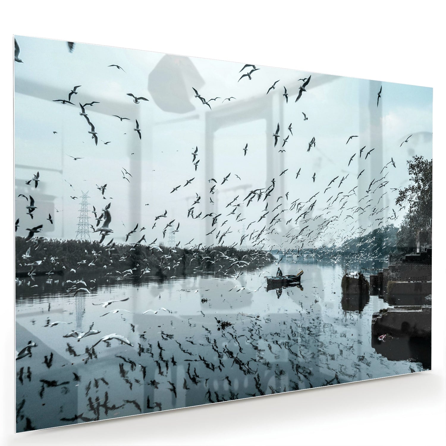 Glasbild mit Vögeln über einer ruhigen Wasserreflexion – Glasbild aus Sicherheitsglas, Größe 60x40