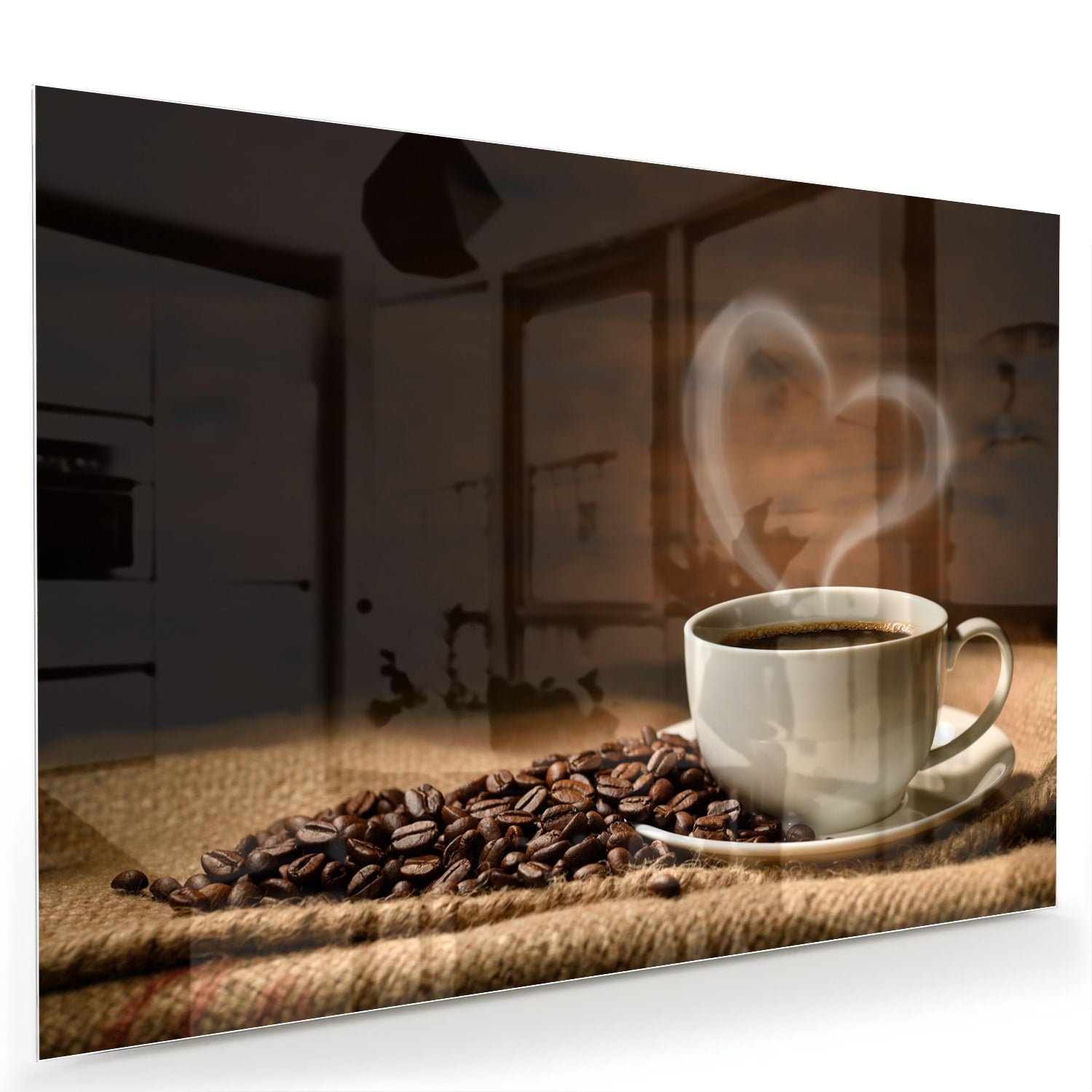 Glasbild mit Kaffee und Kaffeebohnen – Glasbild aus Sicherheitsglas, Größe 60x40