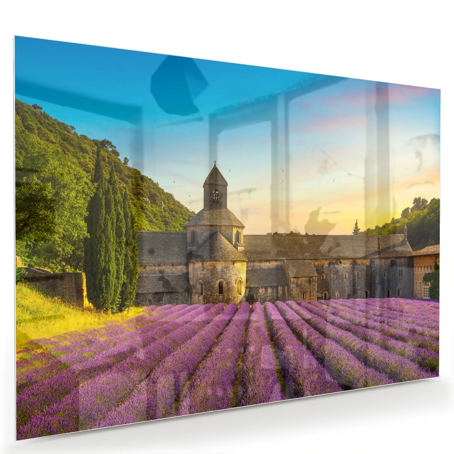 Wunderschönes Glasbild mit Lavendelfeldern – Glasbild aus Sicherheitsglas, Größe 60x40