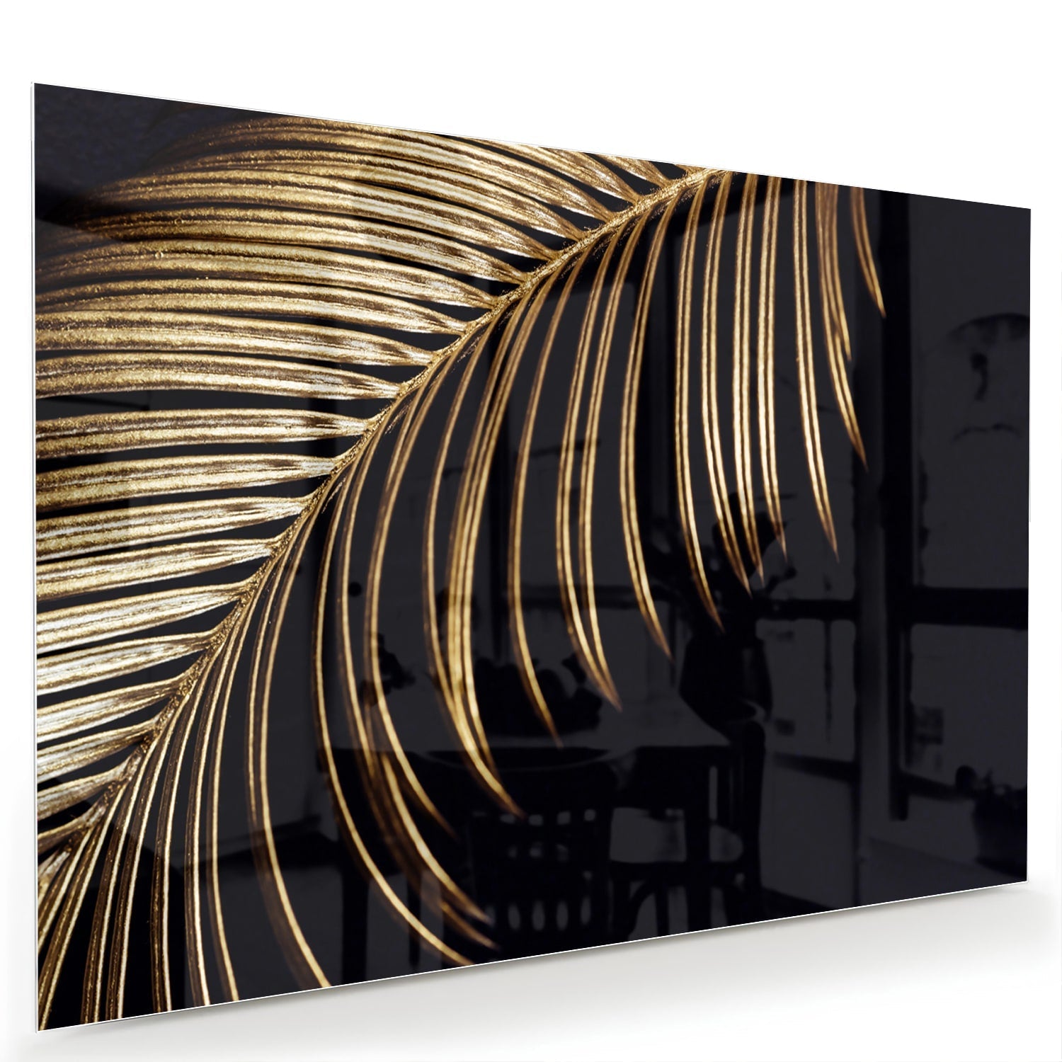 Goldfarbenes Glasbild mit Palmblatt auf schwarzem Hintergrund – Glasbild aus Sicherheitsglas, Größe 60x40