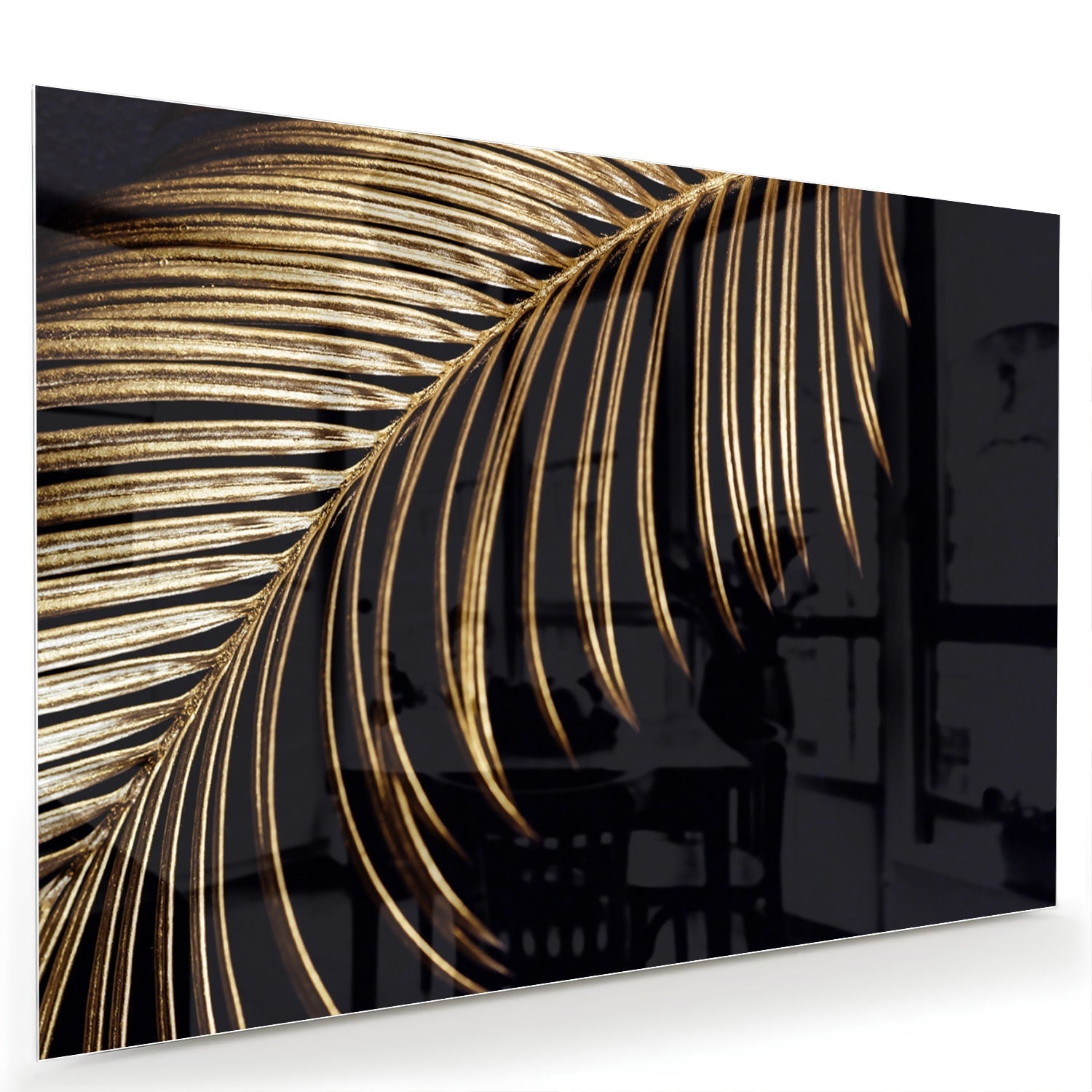 Goldfarbenes palmblad auf schwarz Glasbild als moderne Glas-Wanddekoration aus 4 mm Sicherheitsglas