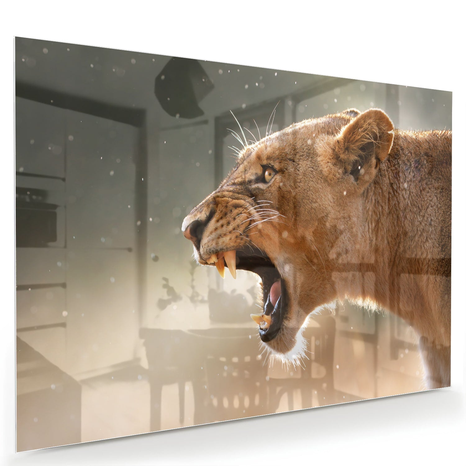 Beeindruckendes Glasbild mit einem brüllenden Löwen – Glasbild aus Sicherheitsglas, Größe 60x40