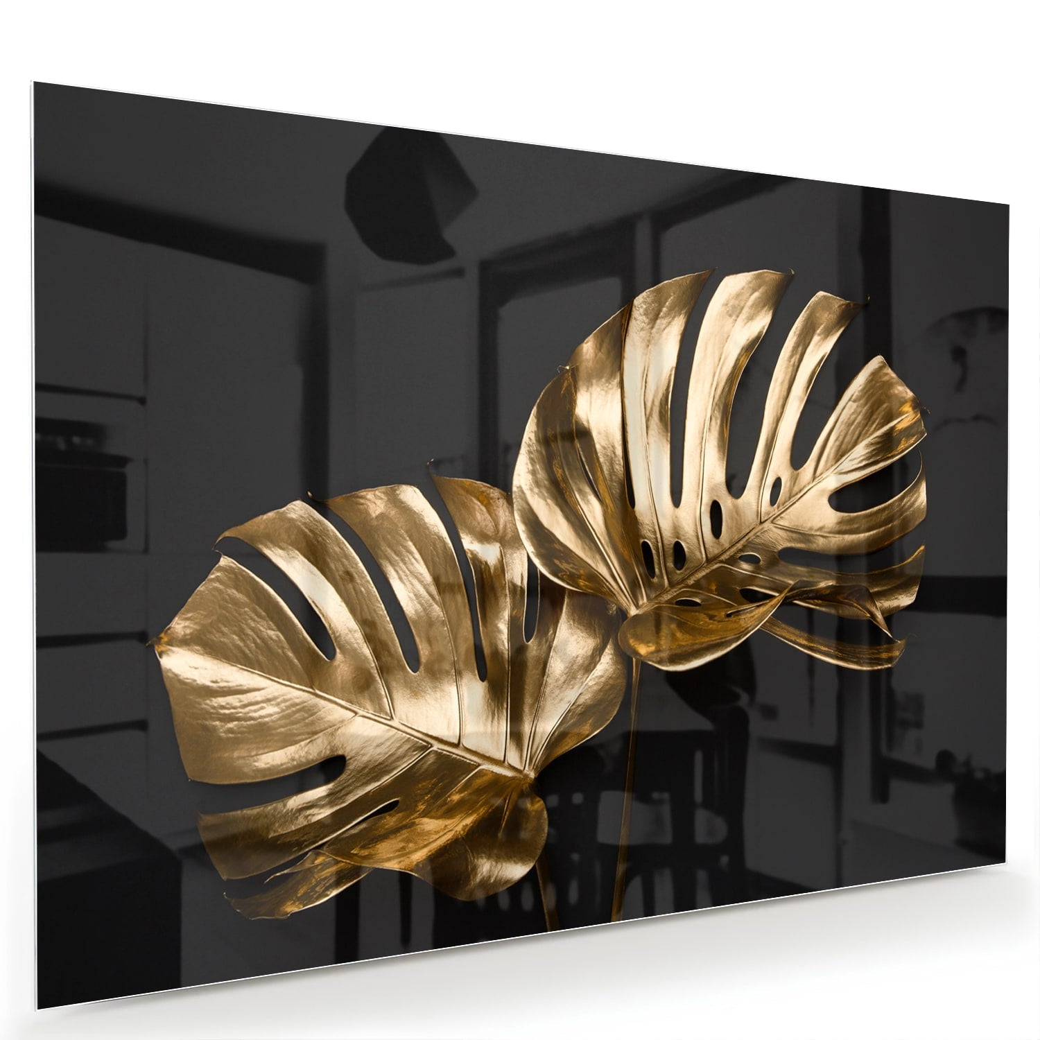 Goldenes Monstera-Glasbild für Wanddekoration – Glasbild aus Sicherheitsglas, Größe 60x40
