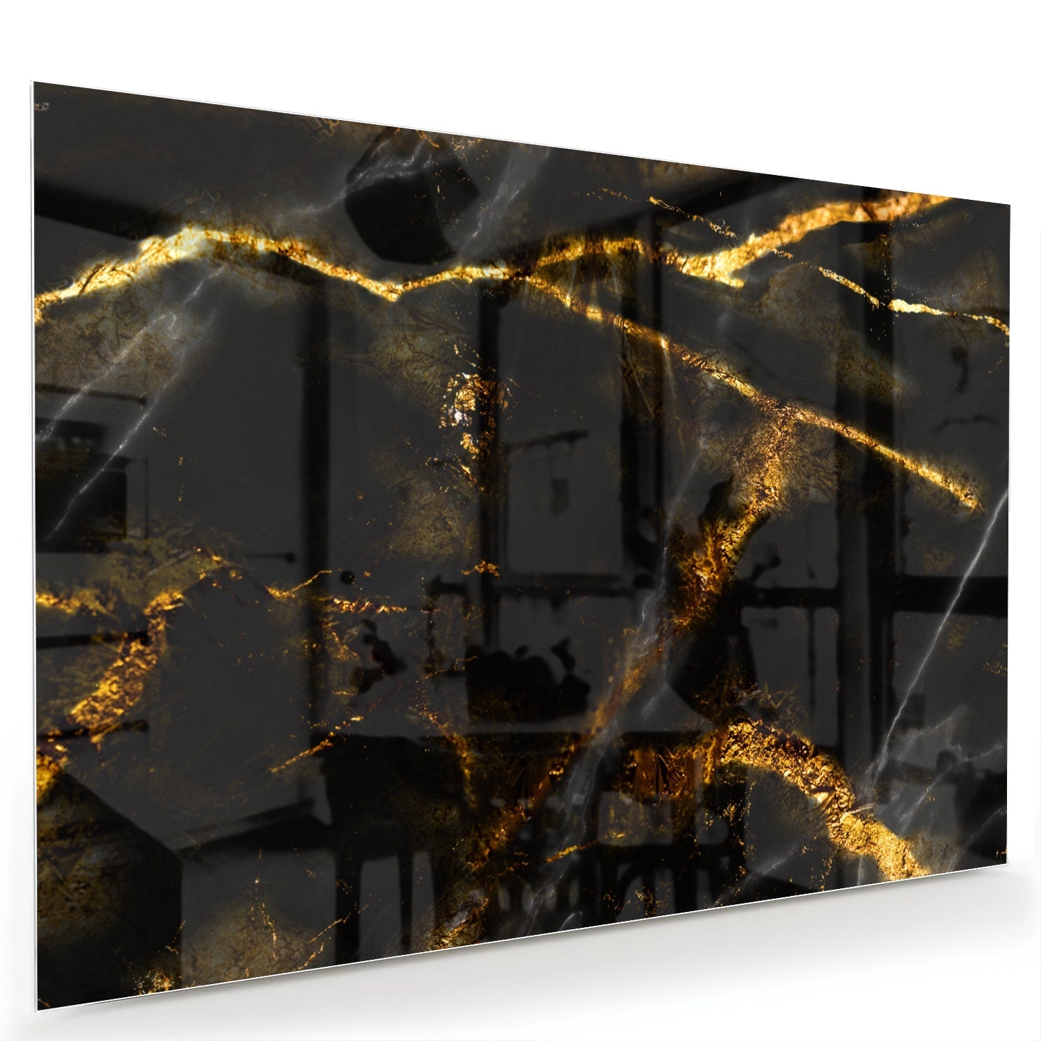 Glasbild mit schwarzem und goldenem Marmordesign – Glasbild aus Sicherheitsglas, Größe 60x40
