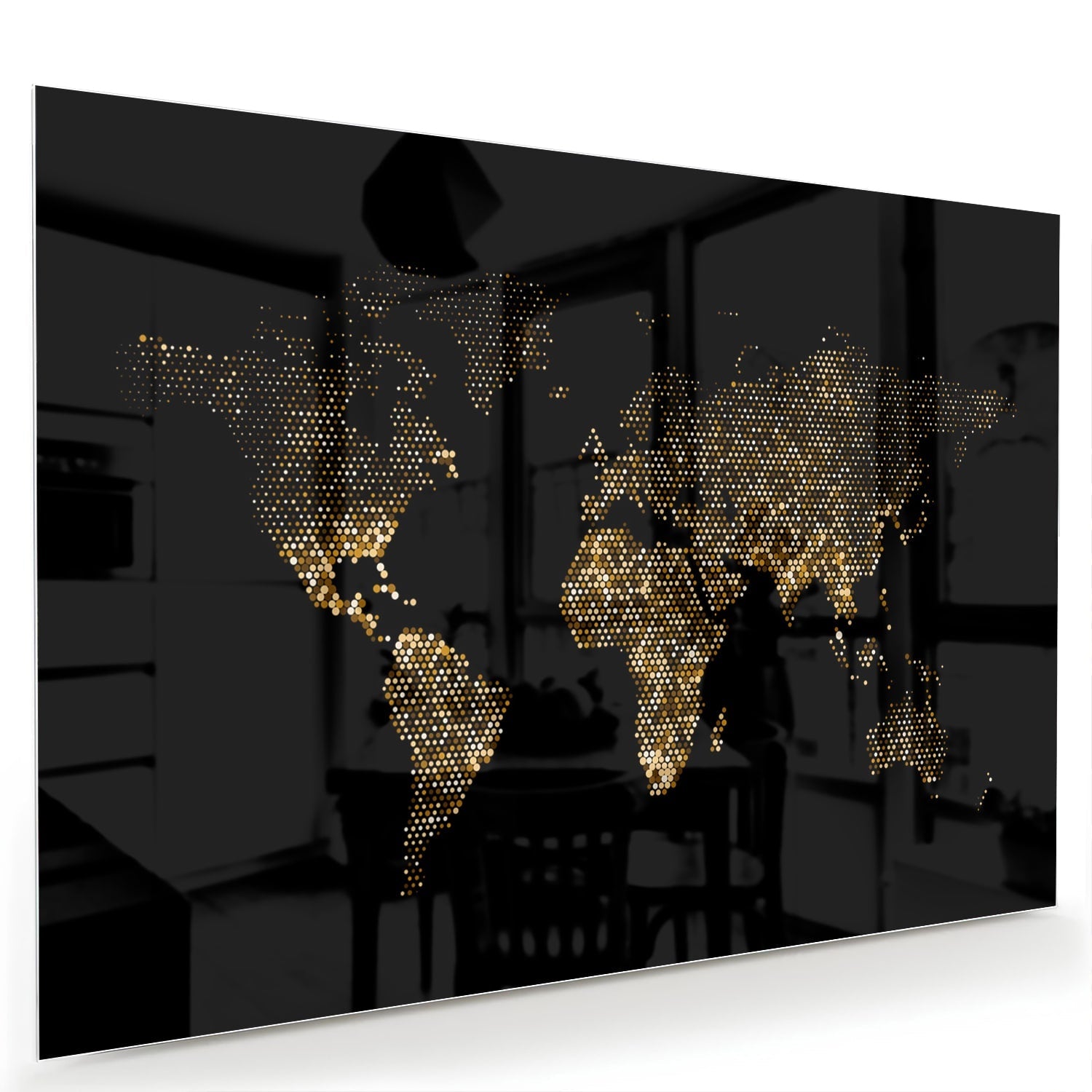 Elegantes Glasbild mit Weltkarte in Schwarz und Gold – Glasbild aus Sicherheitsglas, Größe 60x40