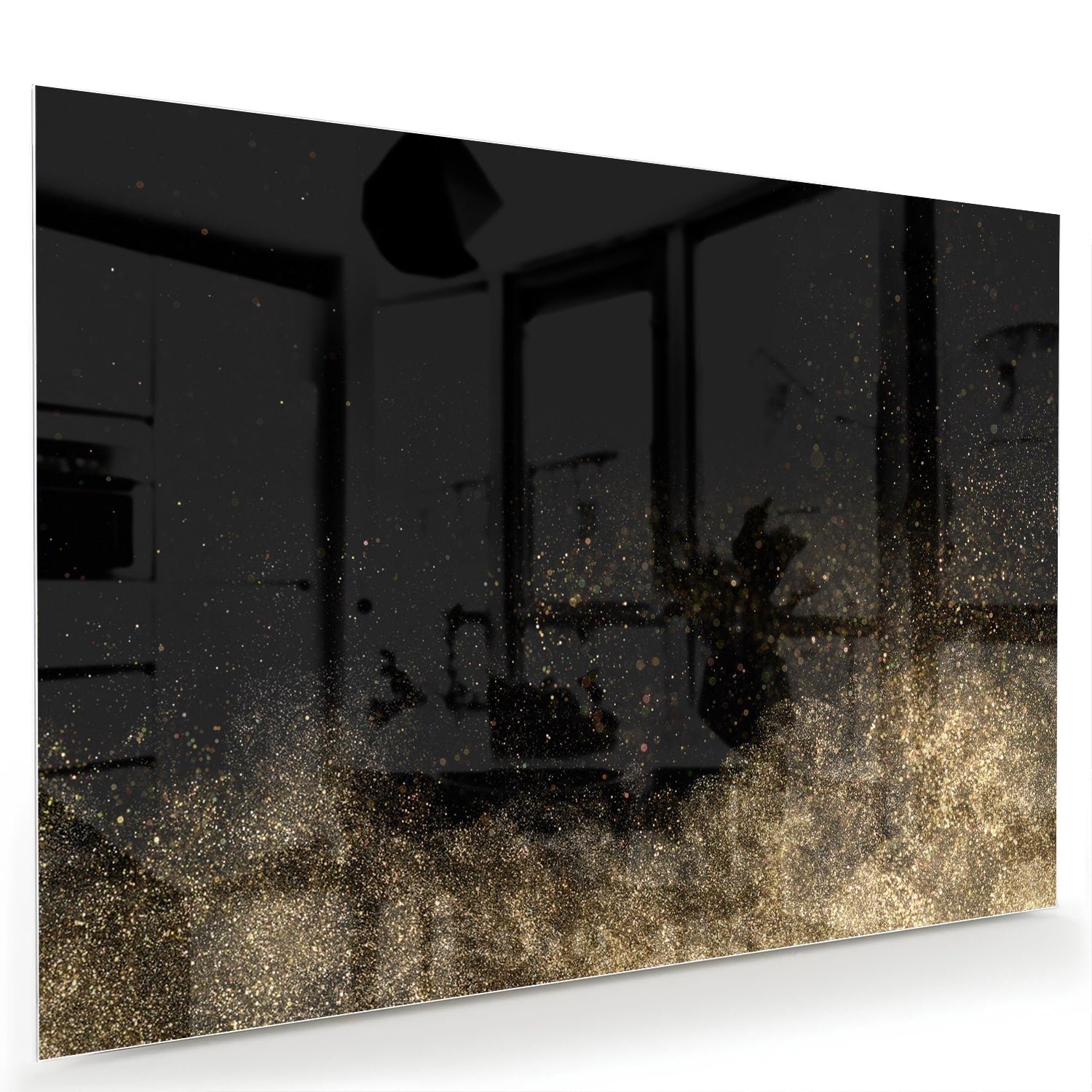 Stilvolles Glasbild mit schwarzen und goldenen Akzenten – Glasbild aus Sicherheitsglas, Größe 60x40