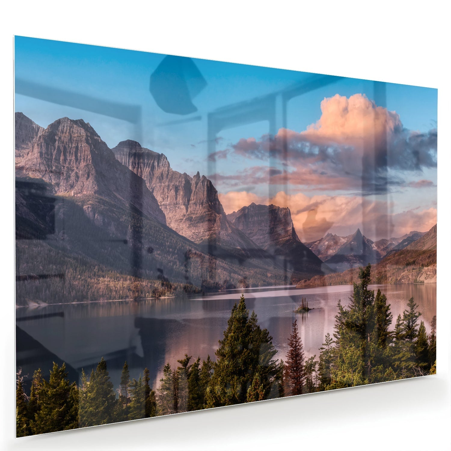 Glasbild mit Bergen bei Sonnenaufgang – Glasbild aus Sicherheitsglas, Größe 60x40