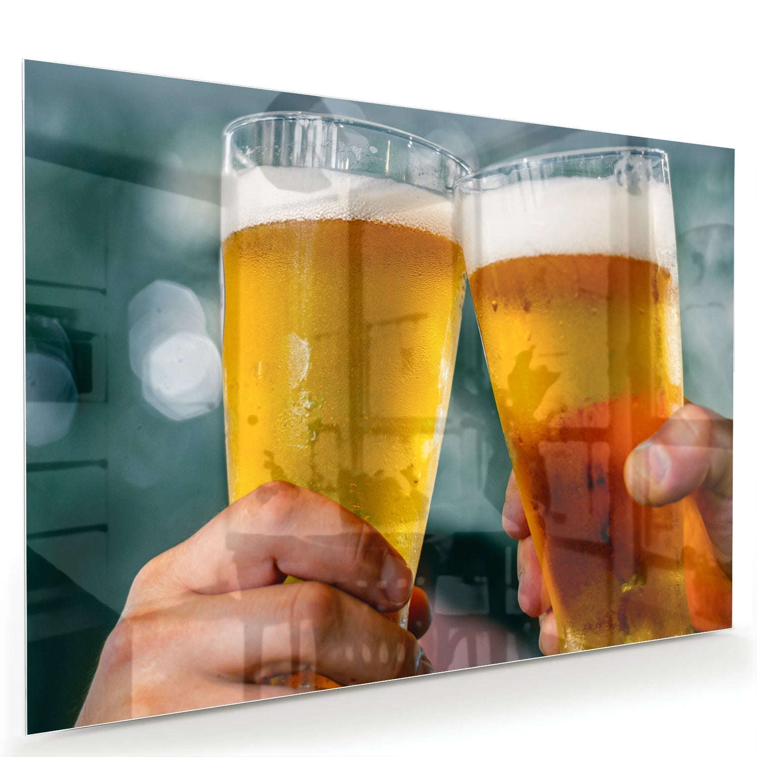 Glasbild mit zwei Biergläsern – Prost – Glasbild aus Sicherheitsglas, Größe 60x40