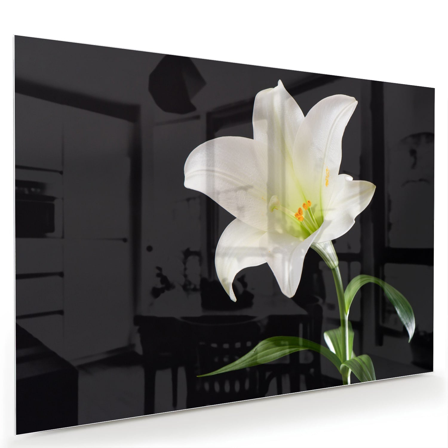 Stilvolles Glasbild mit einer weißen Lilie – Glasbild aus Sicherheitsglas, Größe 60x40