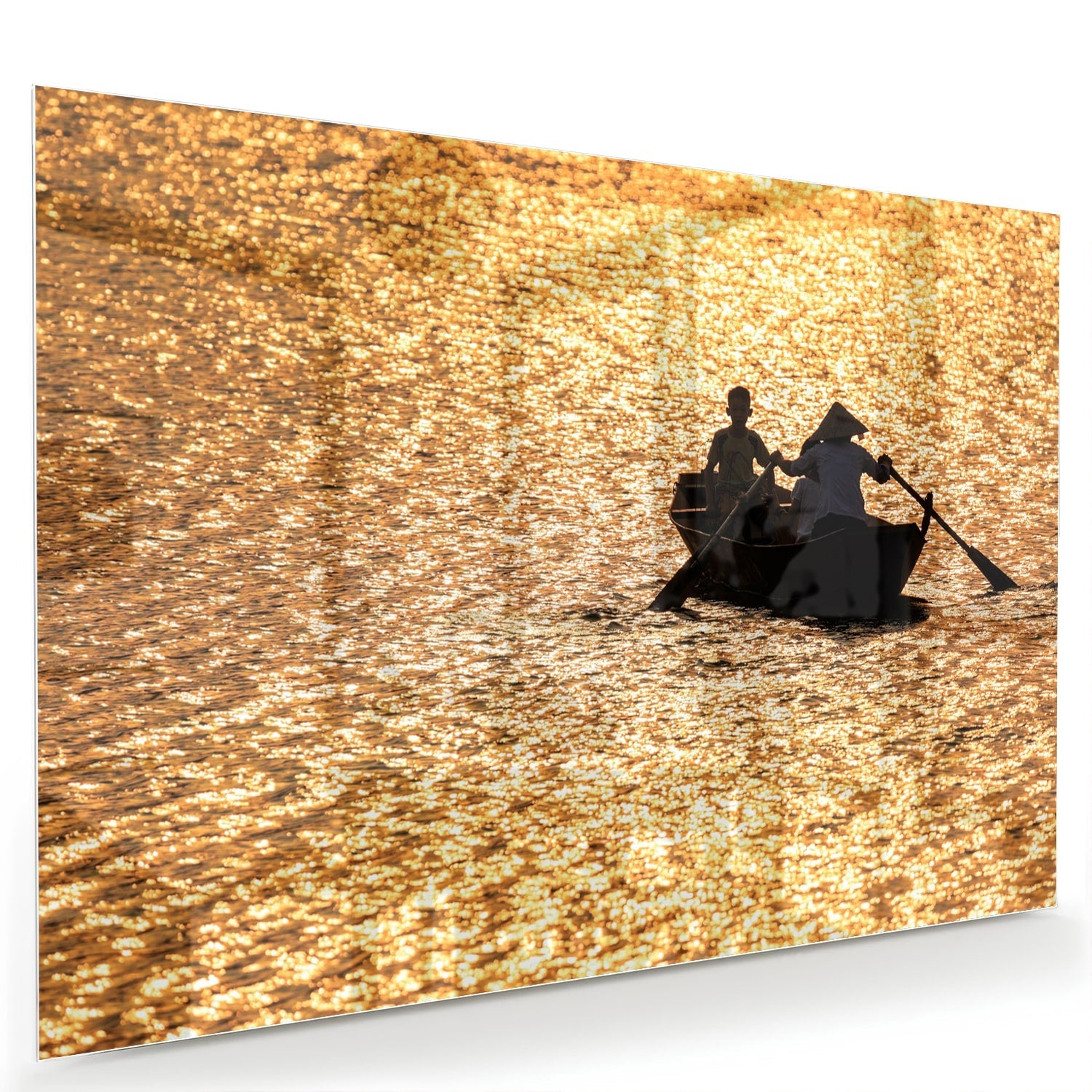 Glasbild mit Ruderboot auf goldenem Wasser – Glasbild aus Sicherheitsglas, Größe 60x40