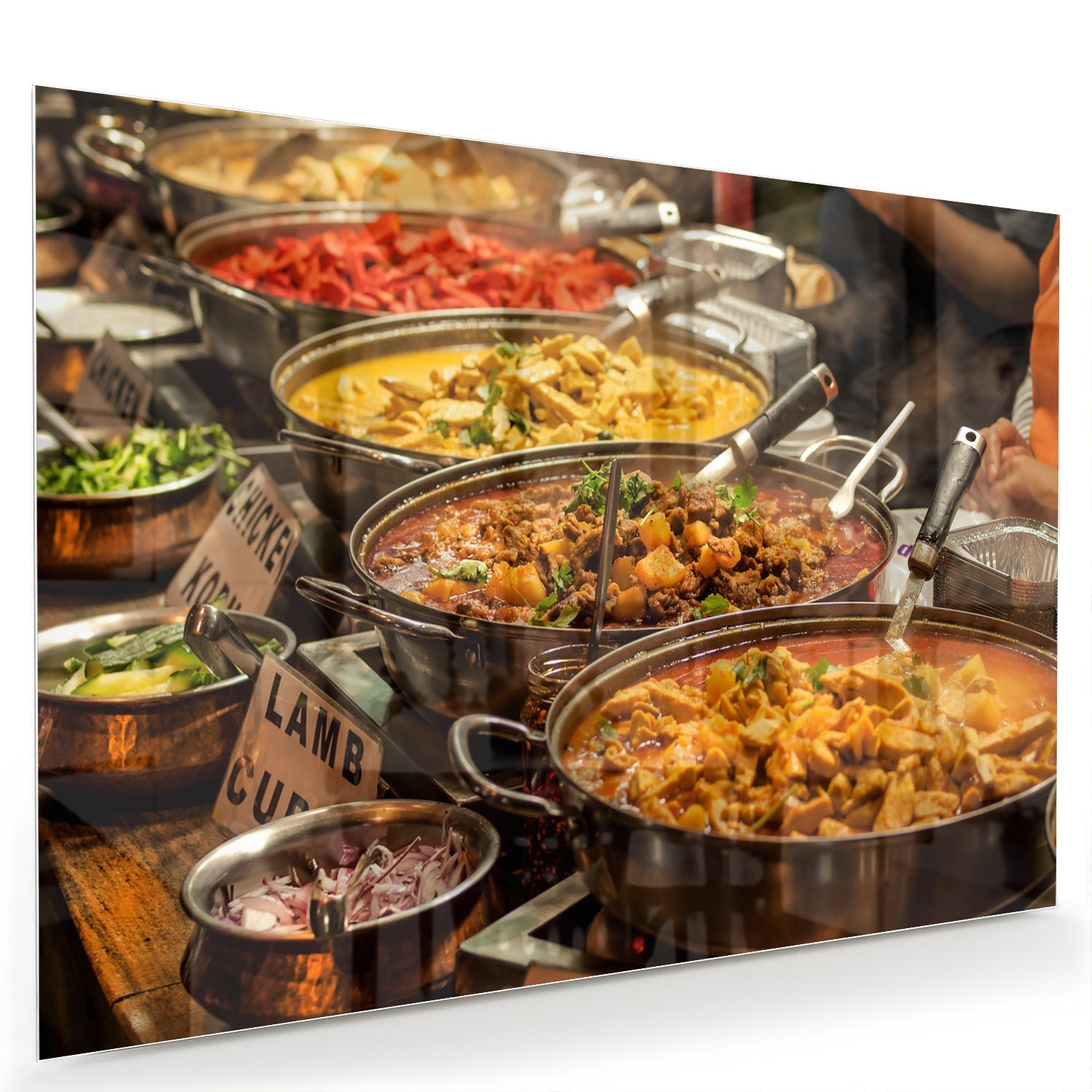 Farbenfrohes Glasbild mit indischem Essen – Glasbild aus Sicherheitsglas, Größe 60x40