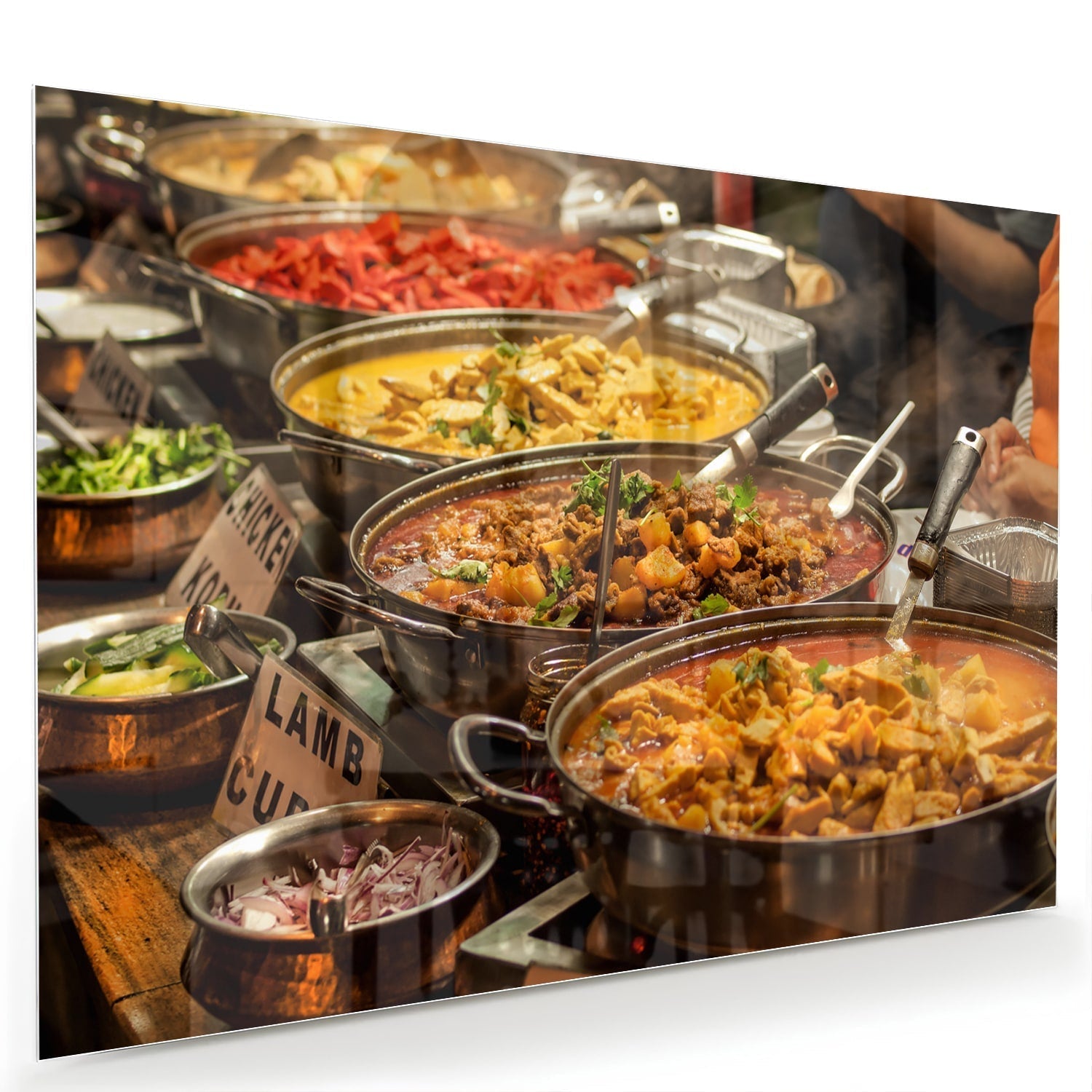 Glasbild farbenfrohes Glas mit Indiaas eten als moderne Glas-Wanddekoration aus 4 mm Sicherheitsglas