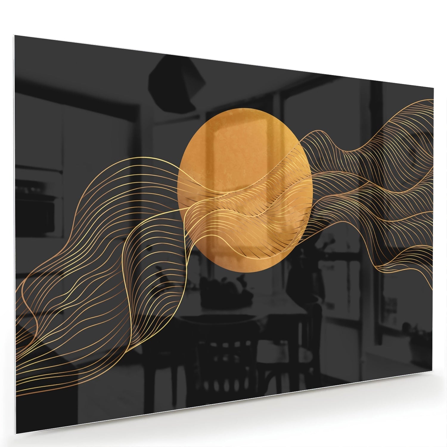 Abstraktes Glasbild mit goldener Sonne und schwarzem Design – Glasbild aus Sicherheitsglas, Größe 60x40