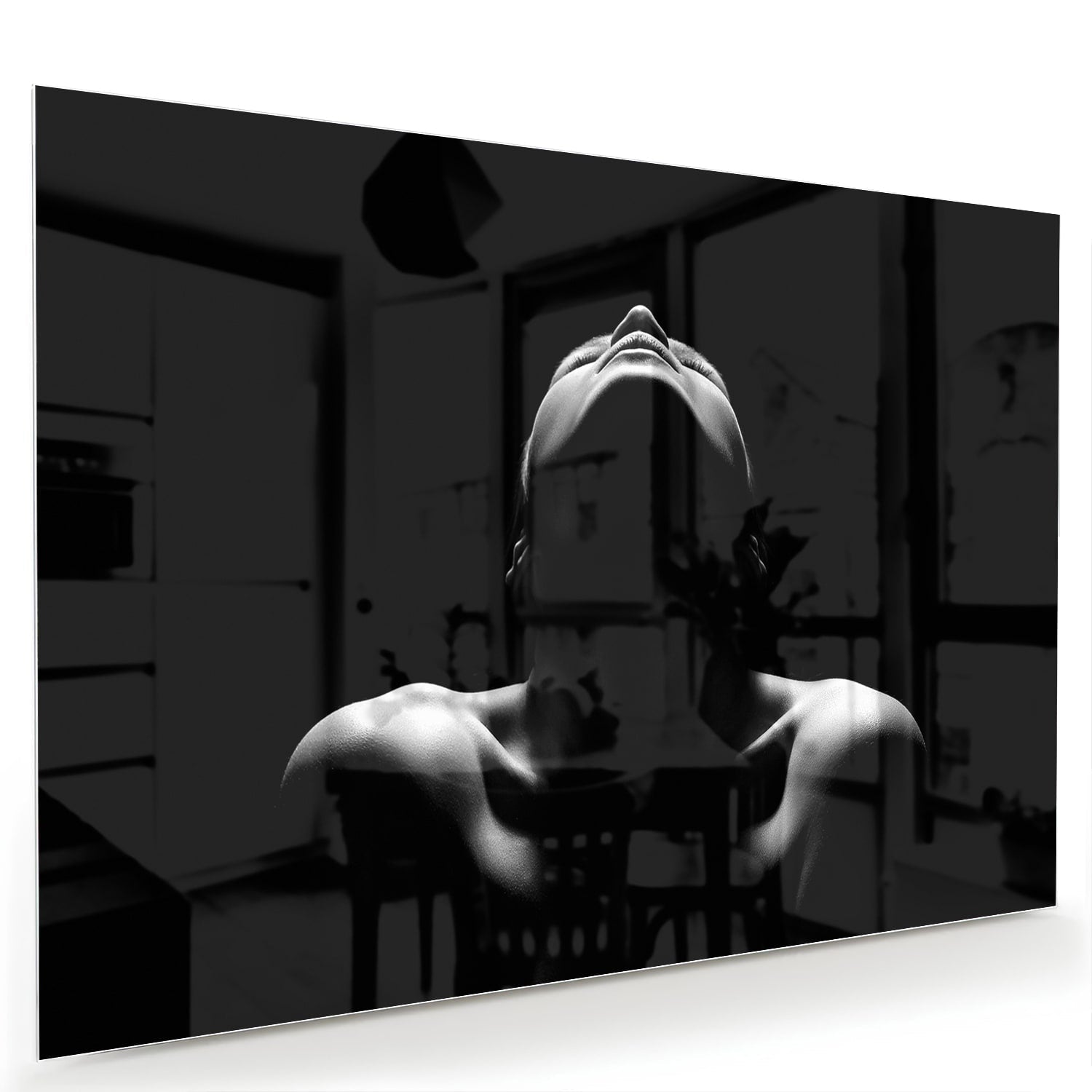 Schwarz-Weiß-Glasbild mit mystischen weiblichen Figuren – Glasbild aus Sicherheitsglas, Größe 60x40