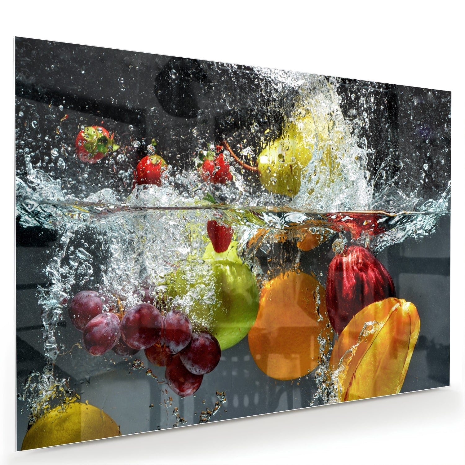 Leuchtendes Glasbild mit Früchten und Wassertropfen – Glasbild aus Sicherheitsglas, Größe 60x40