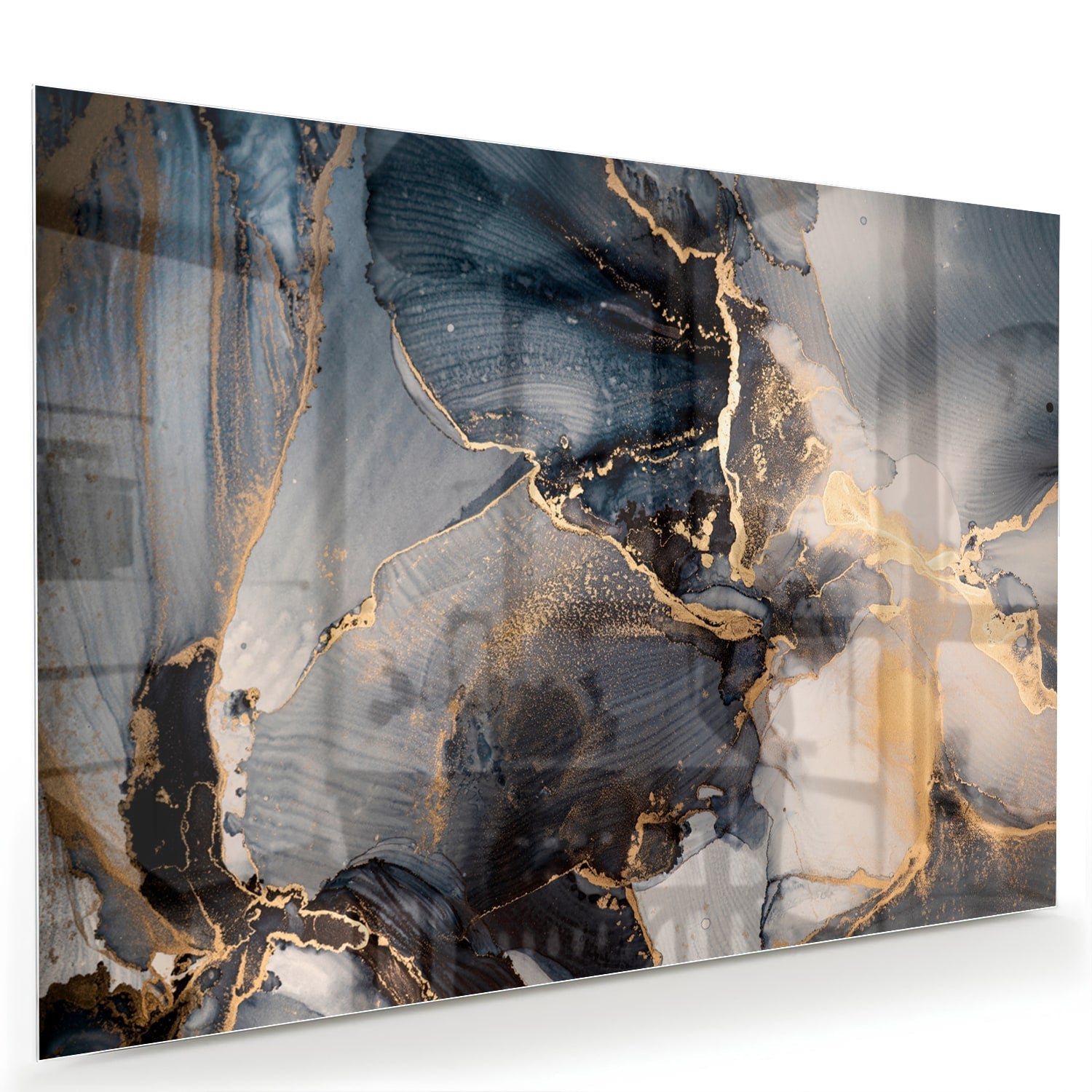 Elegantes Glasbild mit Blau und Gold – Glasbild aus Sicherheitsglas, Größe 60x40
