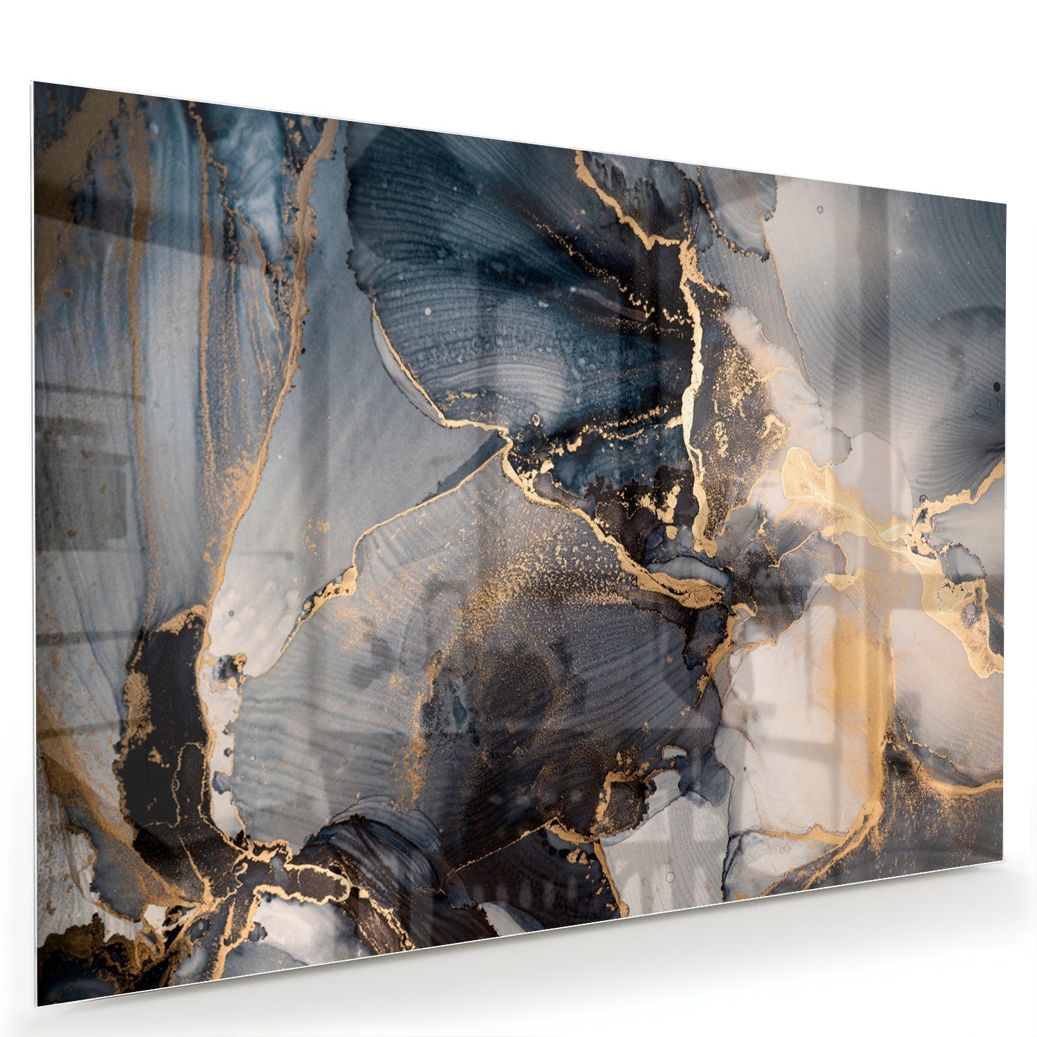 Elegantes Glasbild mit blau und goud als moderne Glas-Wanddekoration aus 4 mm Sicherheitsglas