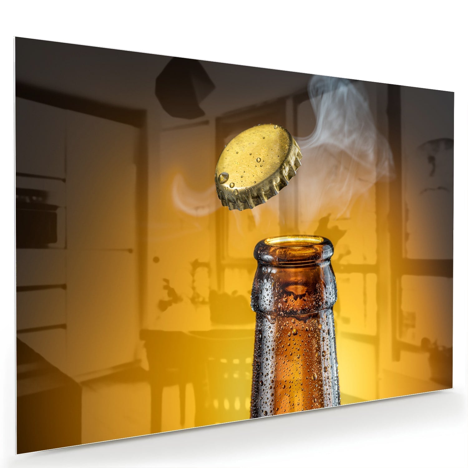 Glasbild mit aufsteigender Flasche und Verschluss – Glasbild aus Sicherheitsglas, Größe 60x40