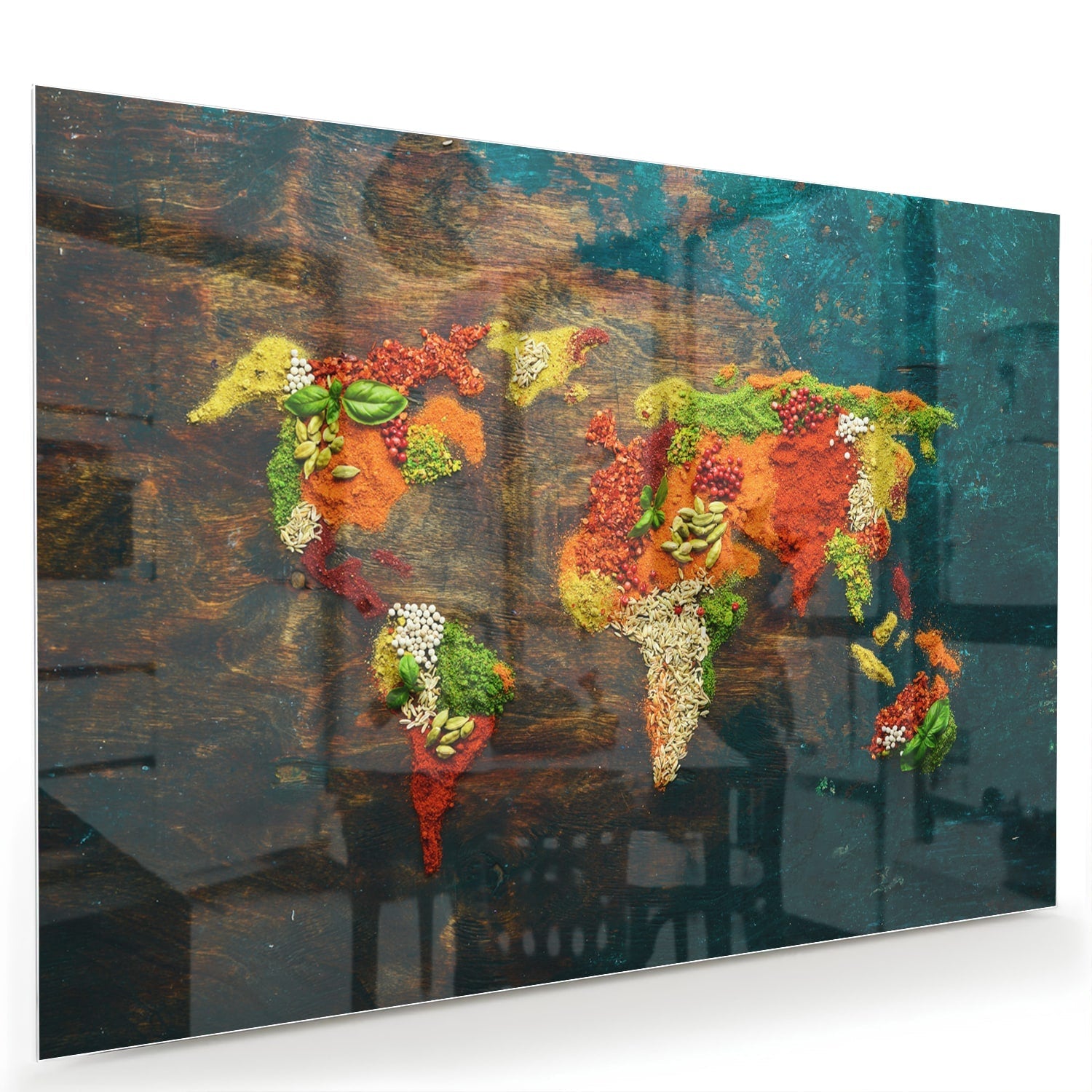 Einzigartiges Glasbild mit moderner Weltkarte – Glasbild aus Sicherheitsglas, Größe 60x40